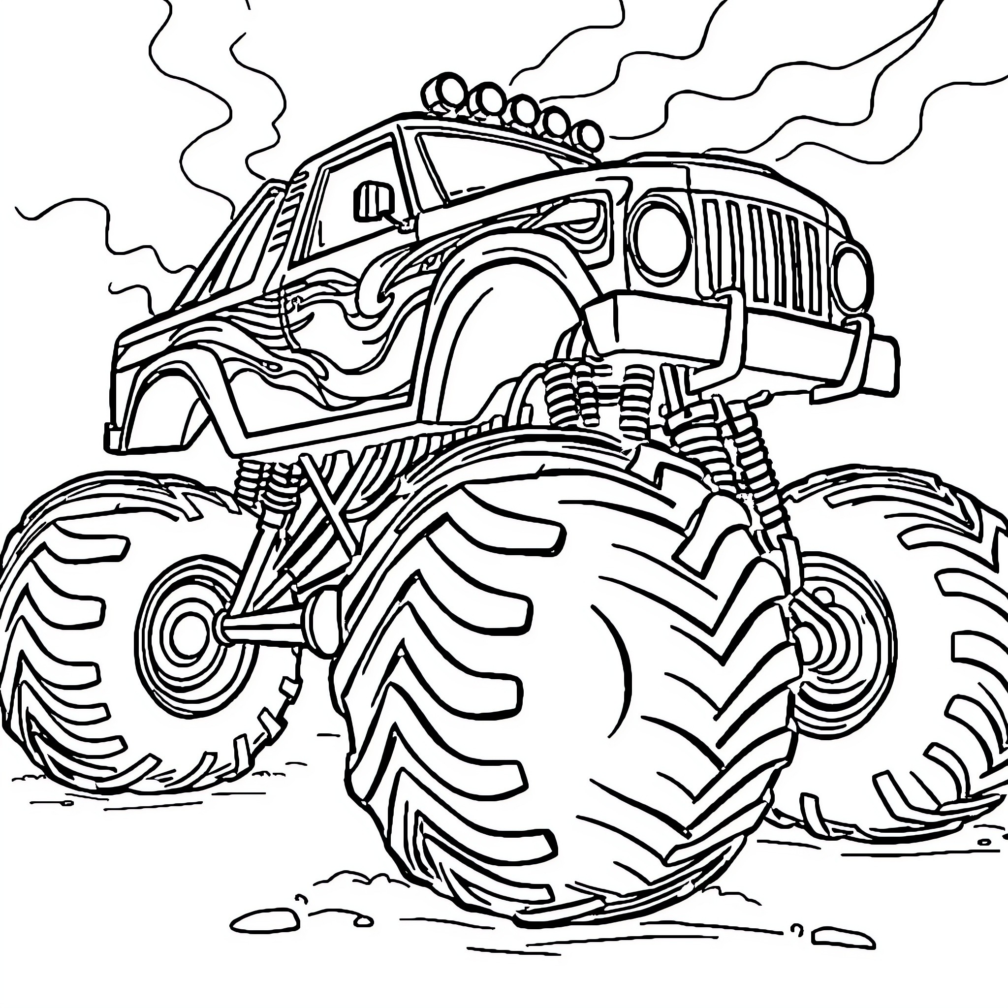 Monstertruck Speeding Through the Mud Coloring Page (free black-and-white line drawing printable PDF for all, from beginners to advanced learners, including children, teens, adults, and seniors)