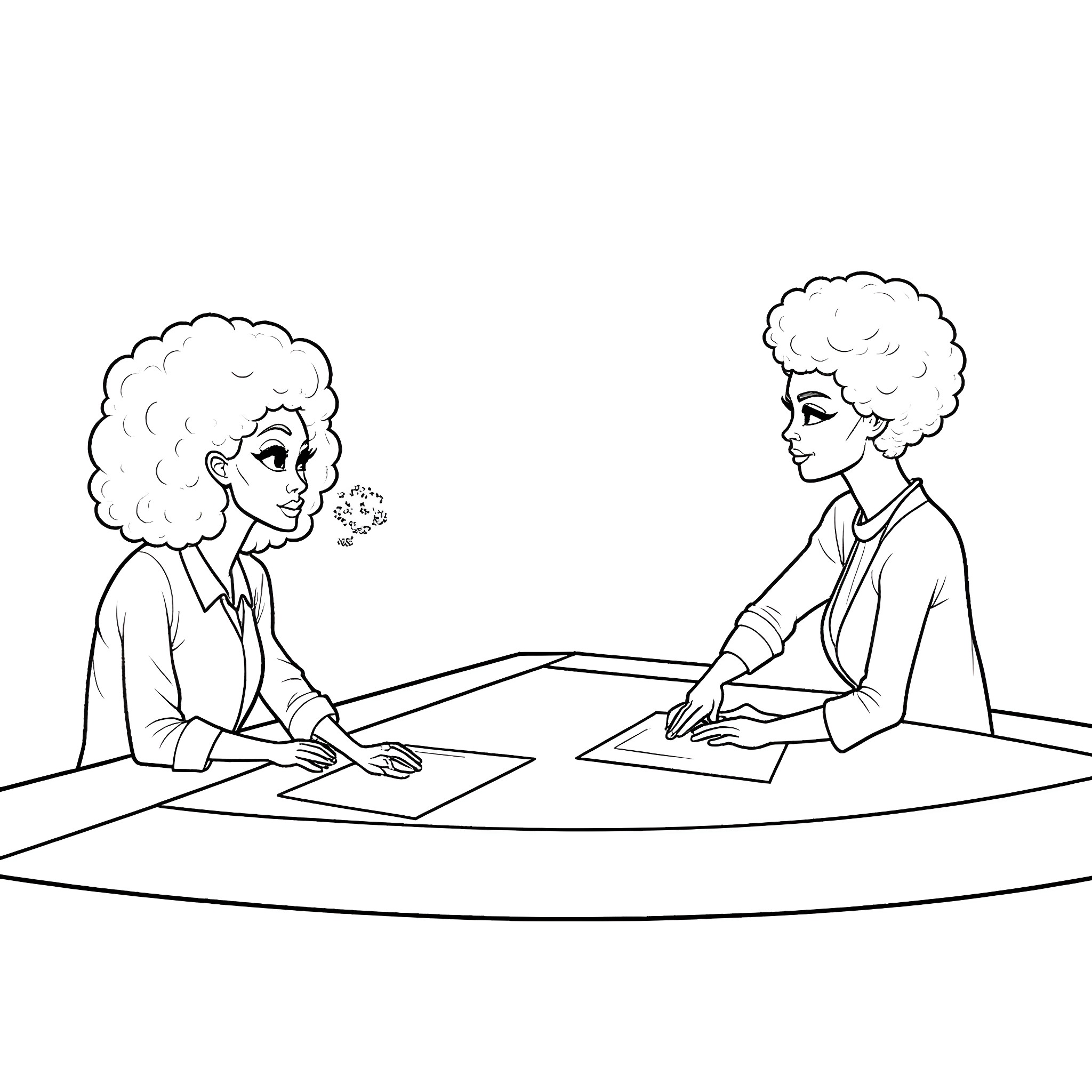 RuPaul's Improv Workshop: Comedic Duo Engage in Lively Discussion Coloring Page (free black-and-white line drawing printable PDF for all, from beginners to advanced learners, including children, teens, adults, and seniors)