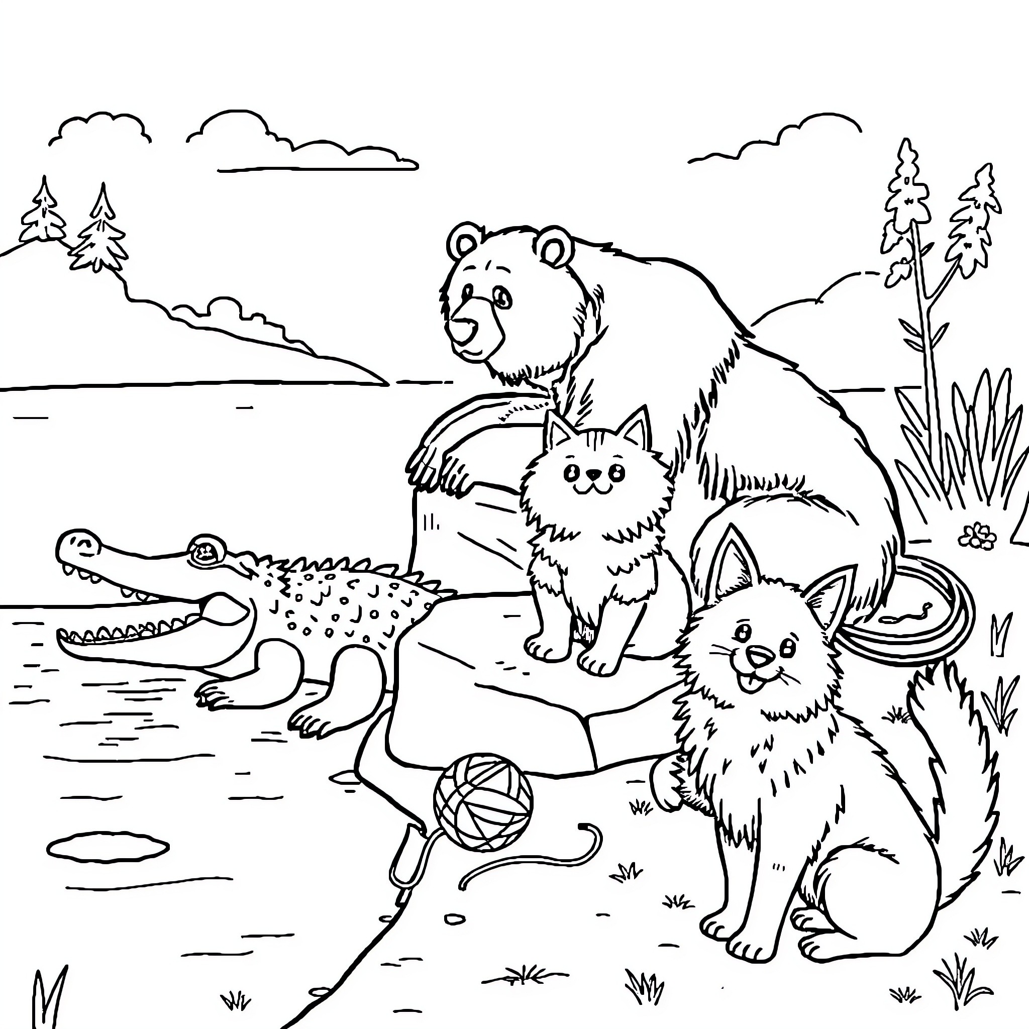 Animal friends playing in the wilderness Coloring Page (free black-and-white line drawing printable PDF for all, from beginners to advanced learners, including children, teens, adults, and seniors)