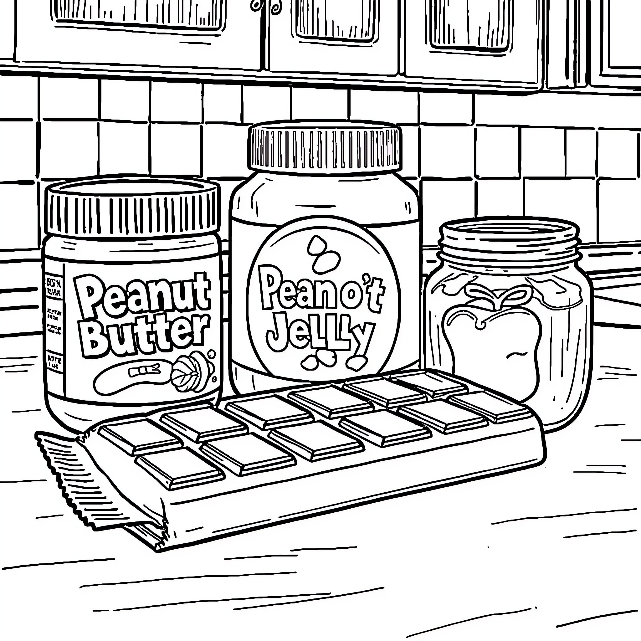 Chocolate Bar Ingredients and Kitchen Utensils Coloring Page (free black-and-white line drawing printable PDF for all, from beginners to advanced learners, including children, teens, adults, and seniors)