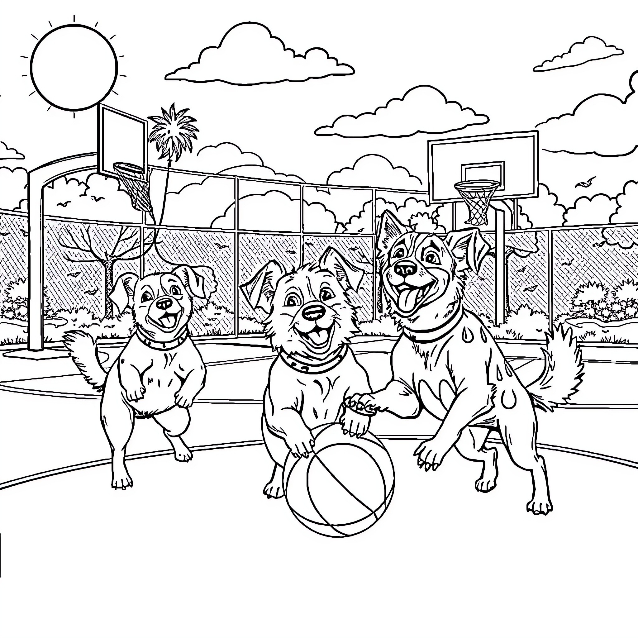 Dogs playing happily in a basketball court Coloring Page (free black-and-white line drawing printable PDF for all, from beginners to advanced learners, including children, teens, adults, and seniors)