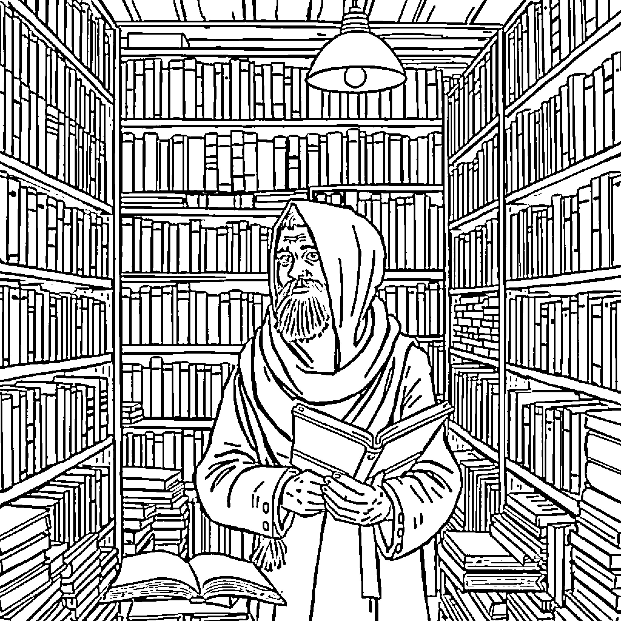 Farhat in an ancient library reading a book Coloring Page (free black-and-white line drawing printable PDF for all, from beginners to advanced learners, including children, teens, adults, and seniors)