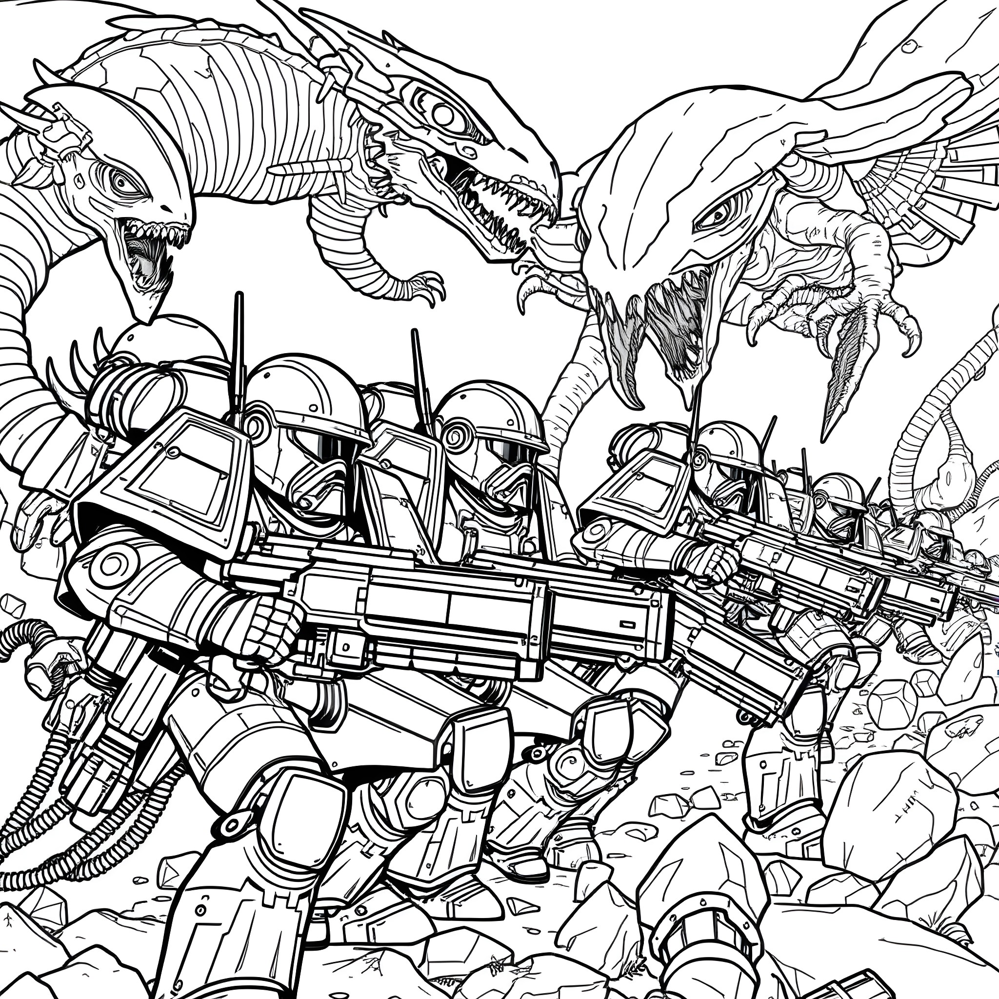 Space Marine Warriors Battling Fierce Alien Creatures Coloring Page (free black-and-white line drawing printable PDF for all, from beginners to advanced learners, including children, teens, adults, and seniors)