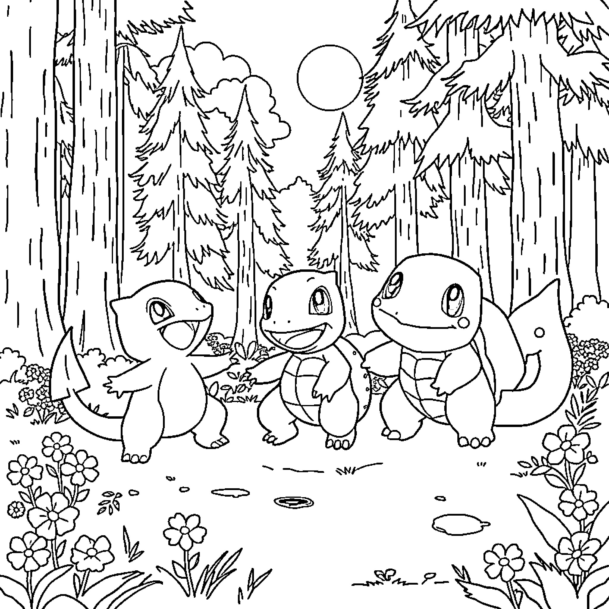 Pokémon characters enjoying nature in the forest Coloring Page (free black-and-white line drawing printable PDF for all, from beginners to advanced learners, including children, teens, adults, and seniors)