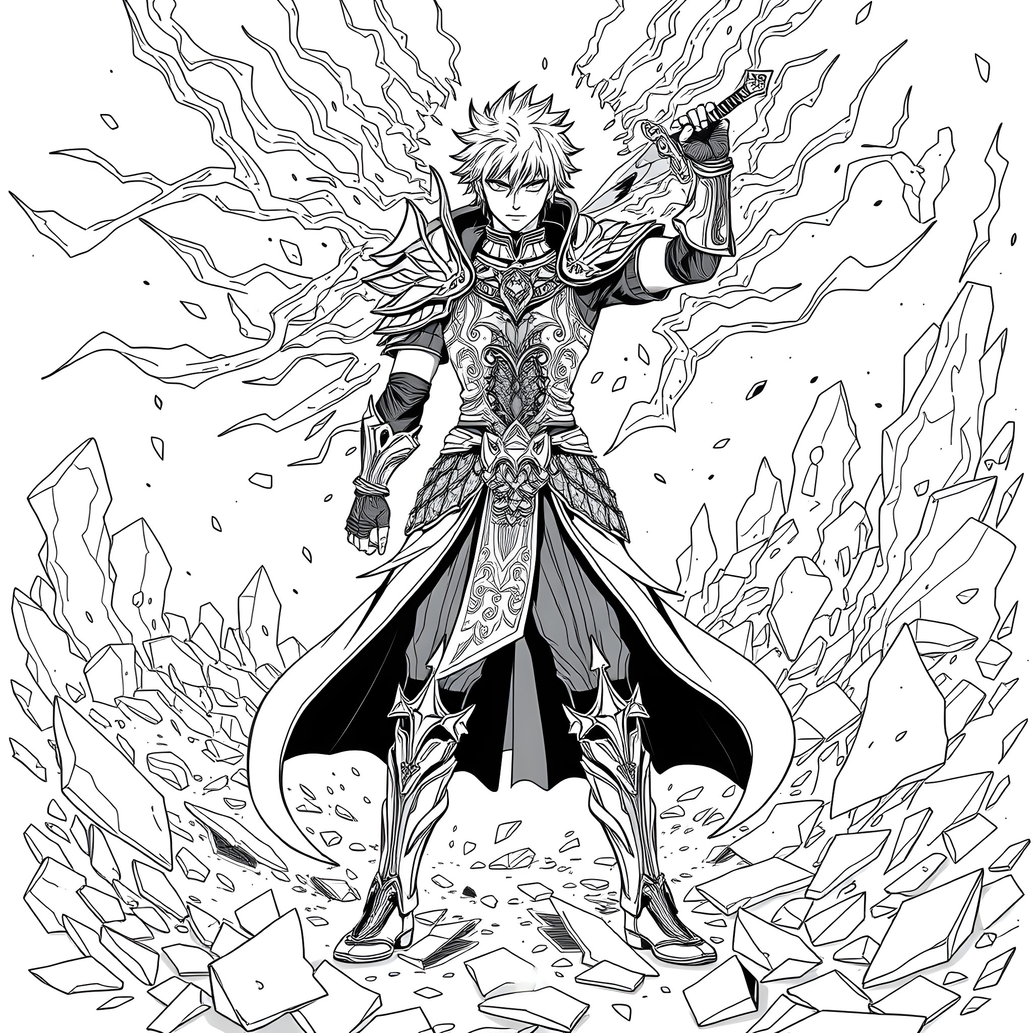 Ichigo's Powerful Eruption of Ethereal Energy Coloring Page (free black-and-white line drawing printable PDF for all, from beginners to advanced learners, including children, teens, adults, and seniors)