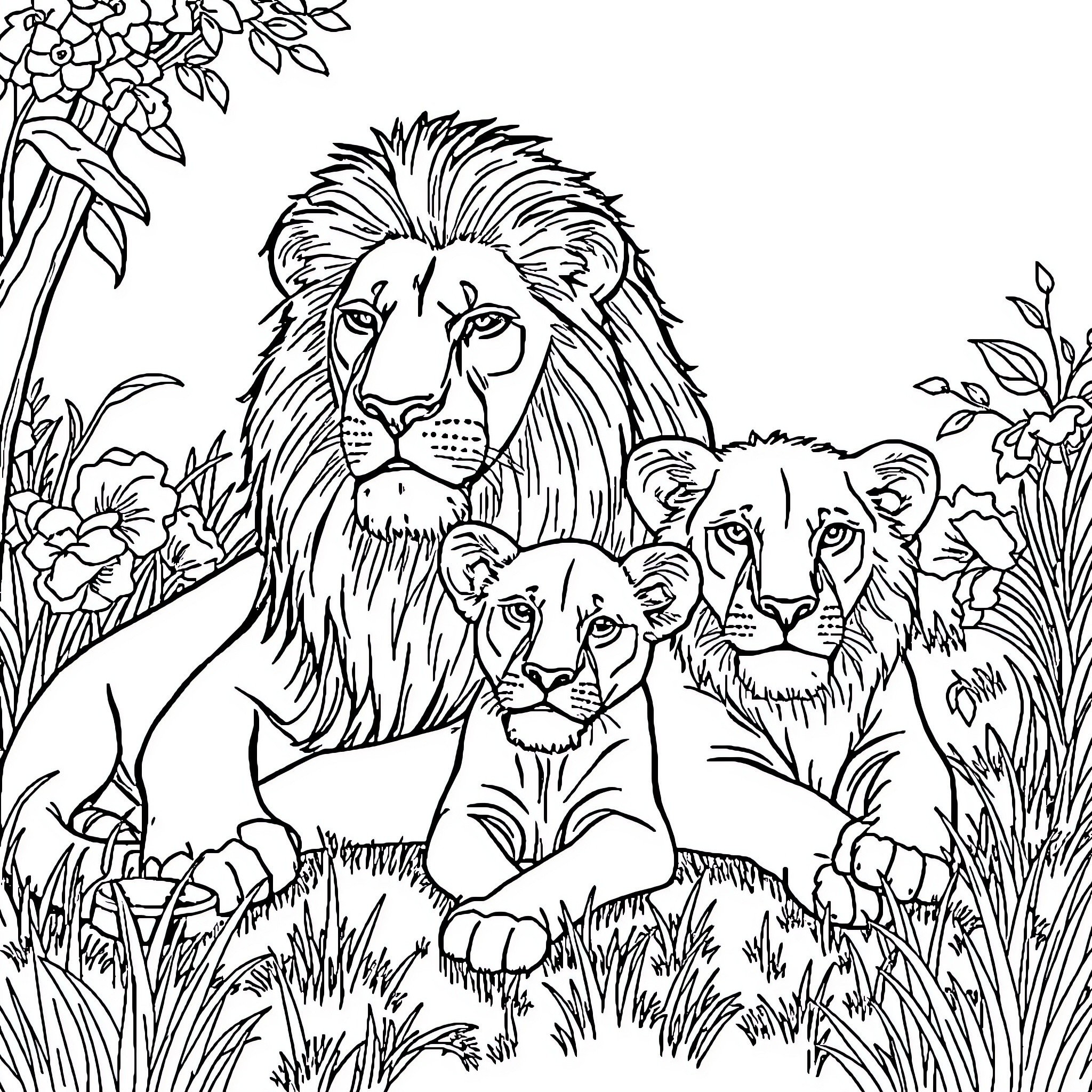 Lion family in natural habitat Coloring Page (free black-and-white line drawing printable PDF for all, from beginners to advanced learners, including children, teens, adults, and seniors)