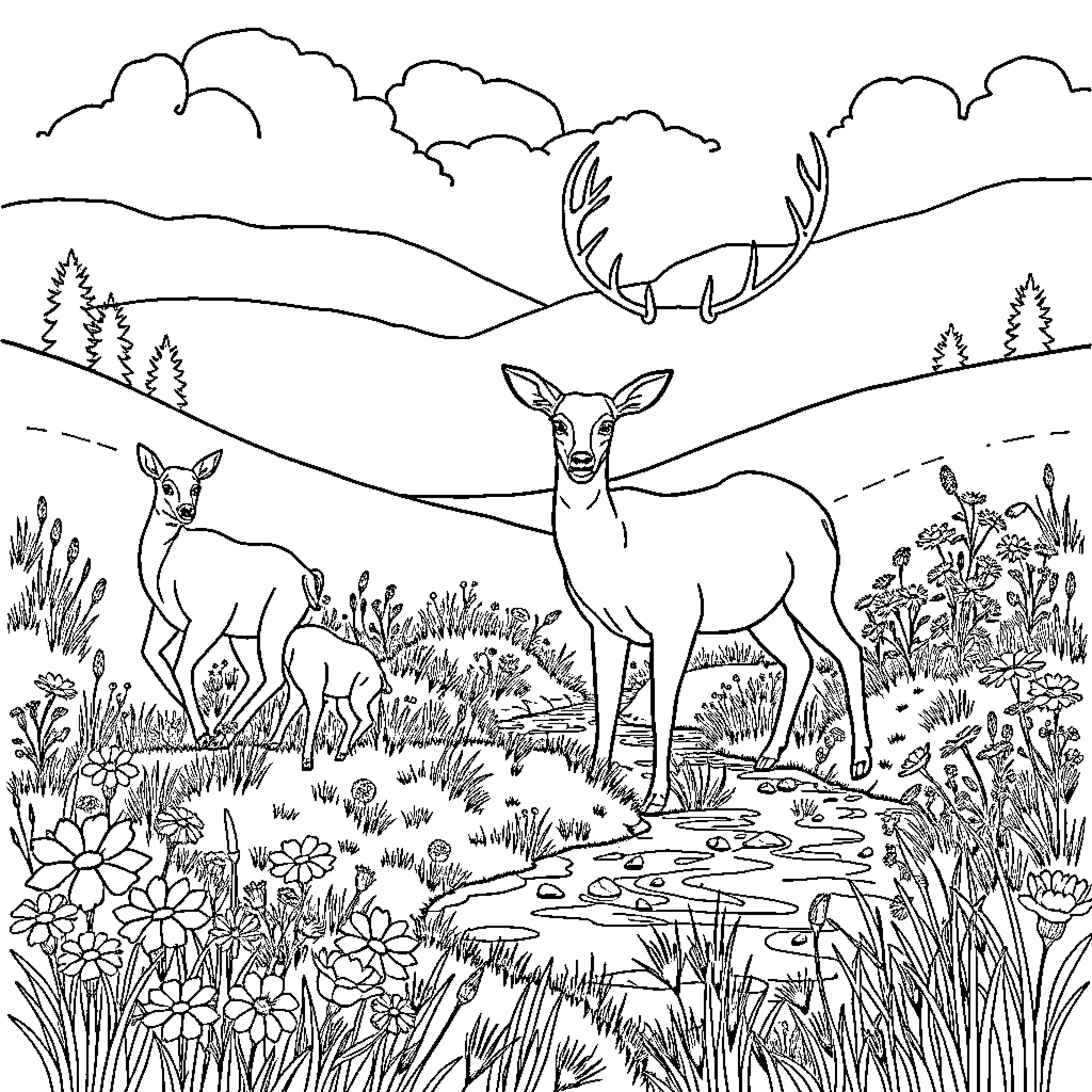 Deer enjoying nature's scenery Coloring Page (free black-and-white line drawing printable PDF for all, from beginners to advanced learners, including children, teens, adults, and seniors)