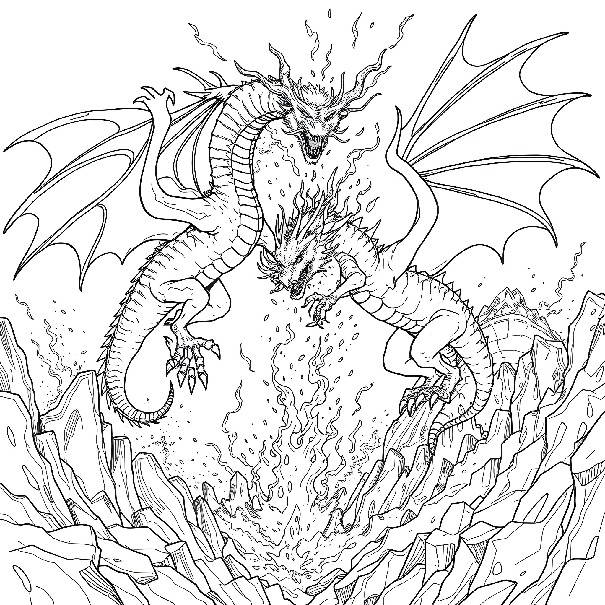 Dragon breathing fierce fire in a rocky landscape Coloring Page (free black-and-white line drawing printable PDF for all, from beginners to advanced learners, including children, teens, adults, and seniors)