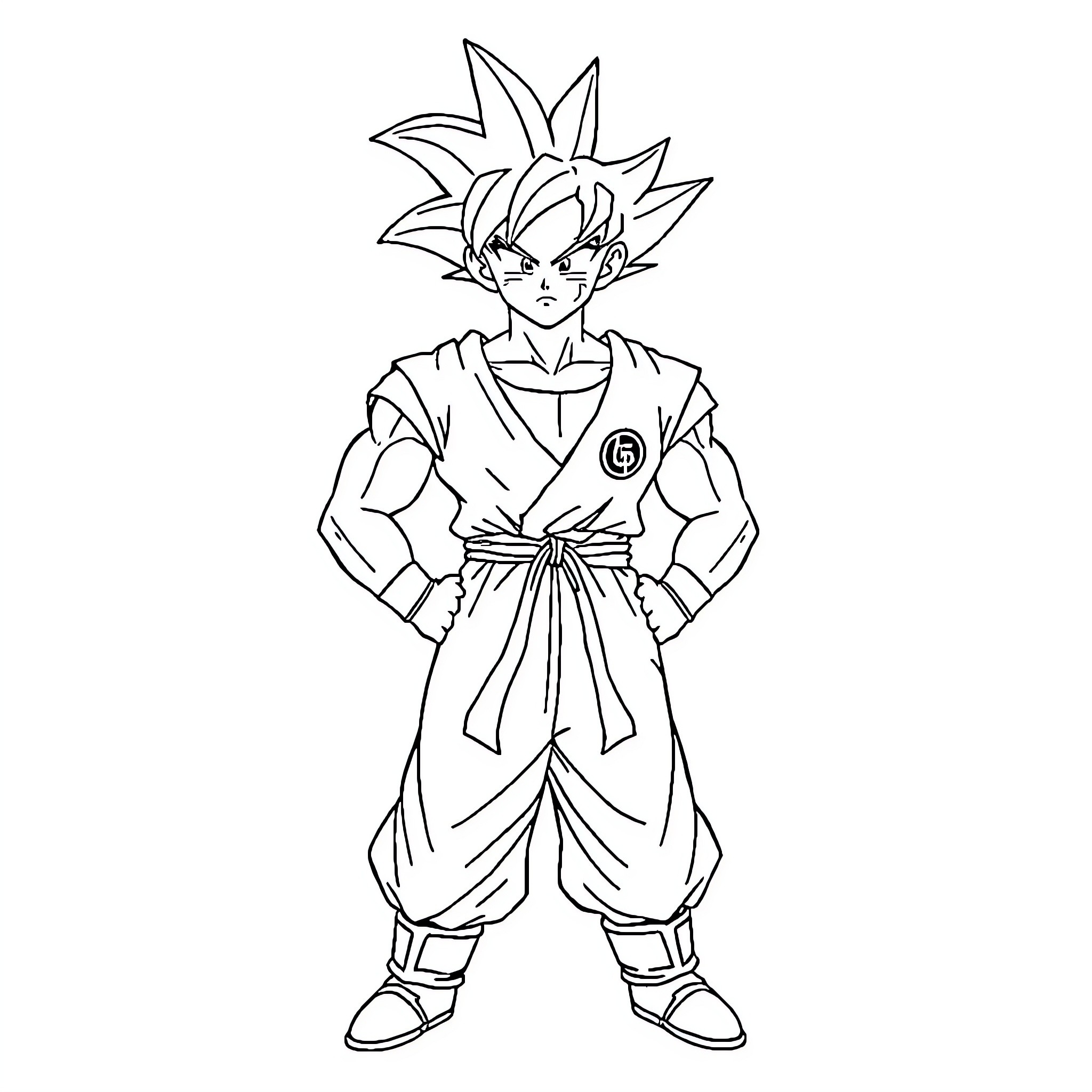 Goku in heroic battle pose Coloring Page (free black-and-white line drawing printable PDF for all, from beginners to advanced learners, including children, teens, adults, and seniors)