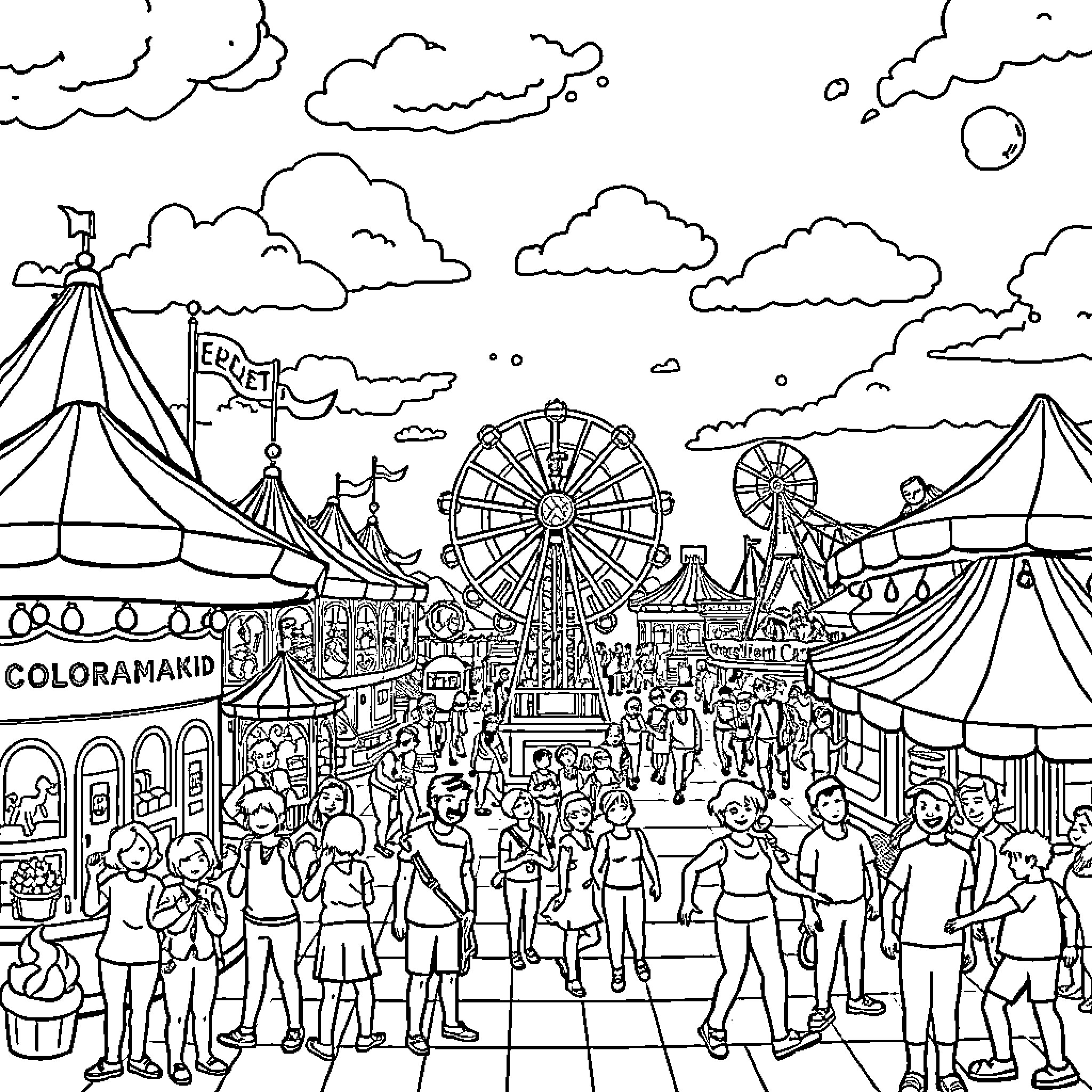 Amusement Park with Crowds, Rides, and Festive Atmosphere Coloring Page (free black-and-white line drawing printable PDF for all, from beginners to advanced learners, including children, teens, adults, and seniors)