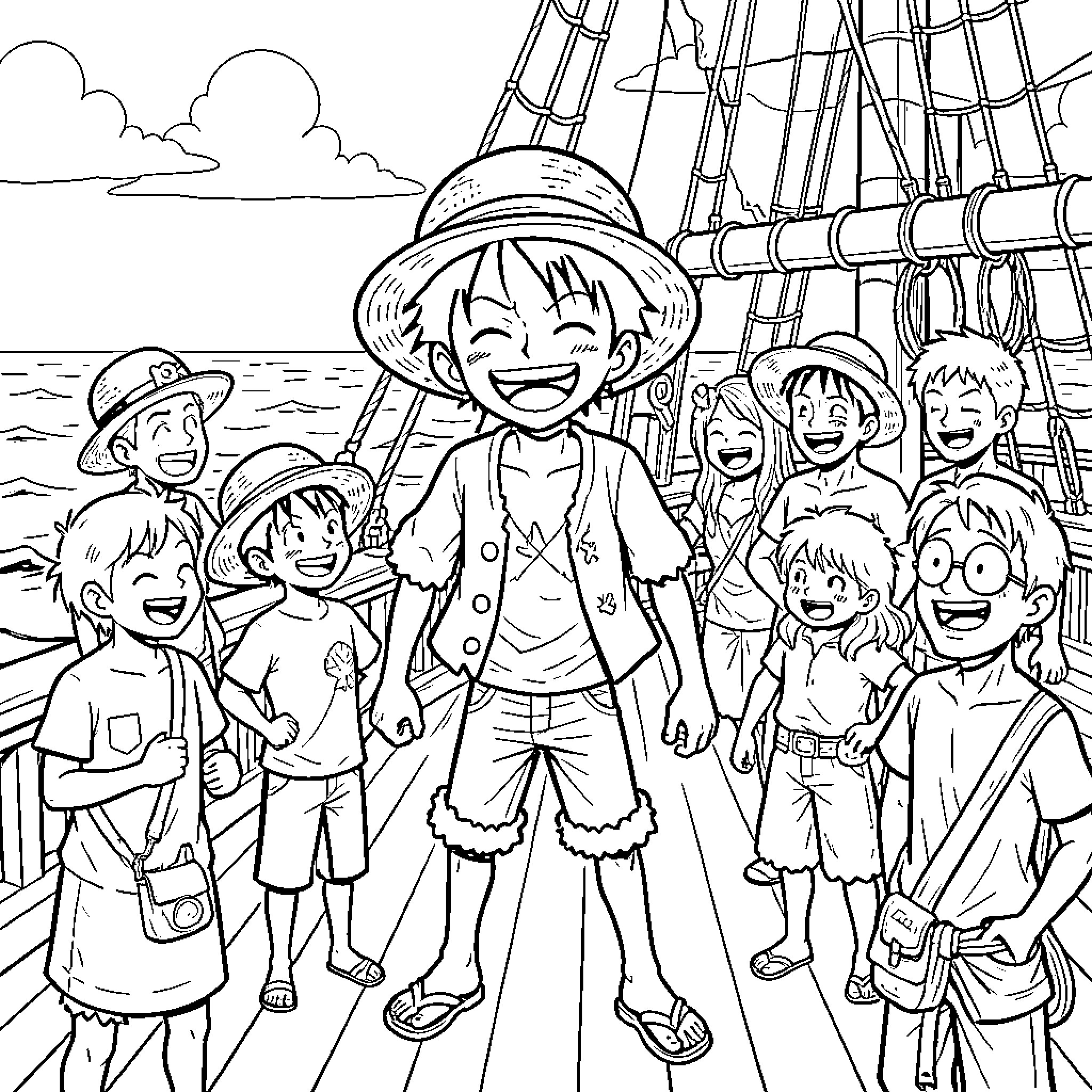 Luffy and the Cheerful Pirate Crew on the High Seas Coloring Page (free black-and-white line drawing printable PDF for all, from beginners to advanced learners, including children, teens, adults, and seniors)