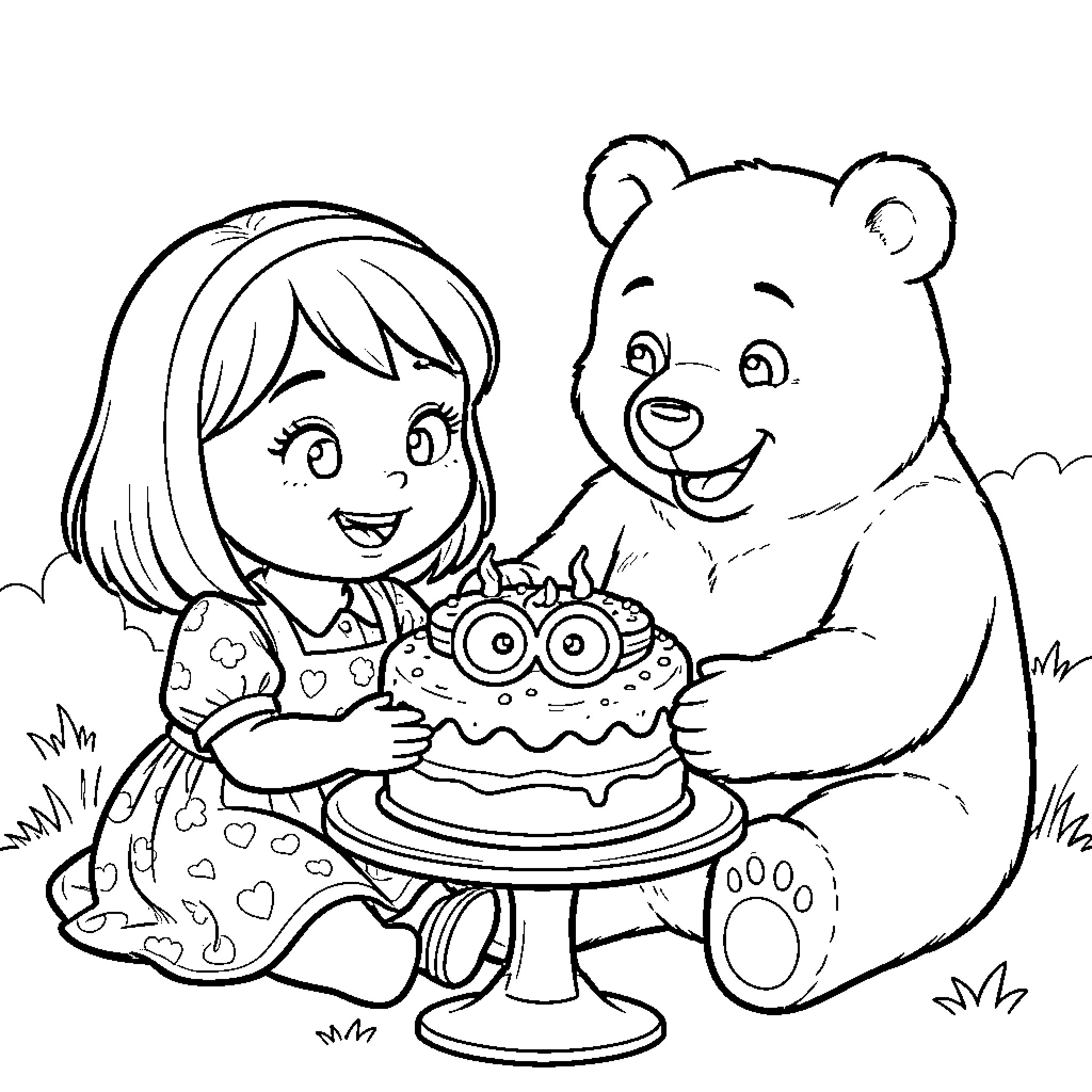 Masha celebrating birthday with her bear friend Coloring Page (free black-and-white line drawing printable PDF for all, from beginners to advanced learners, including children, teens, adults, and seniors)