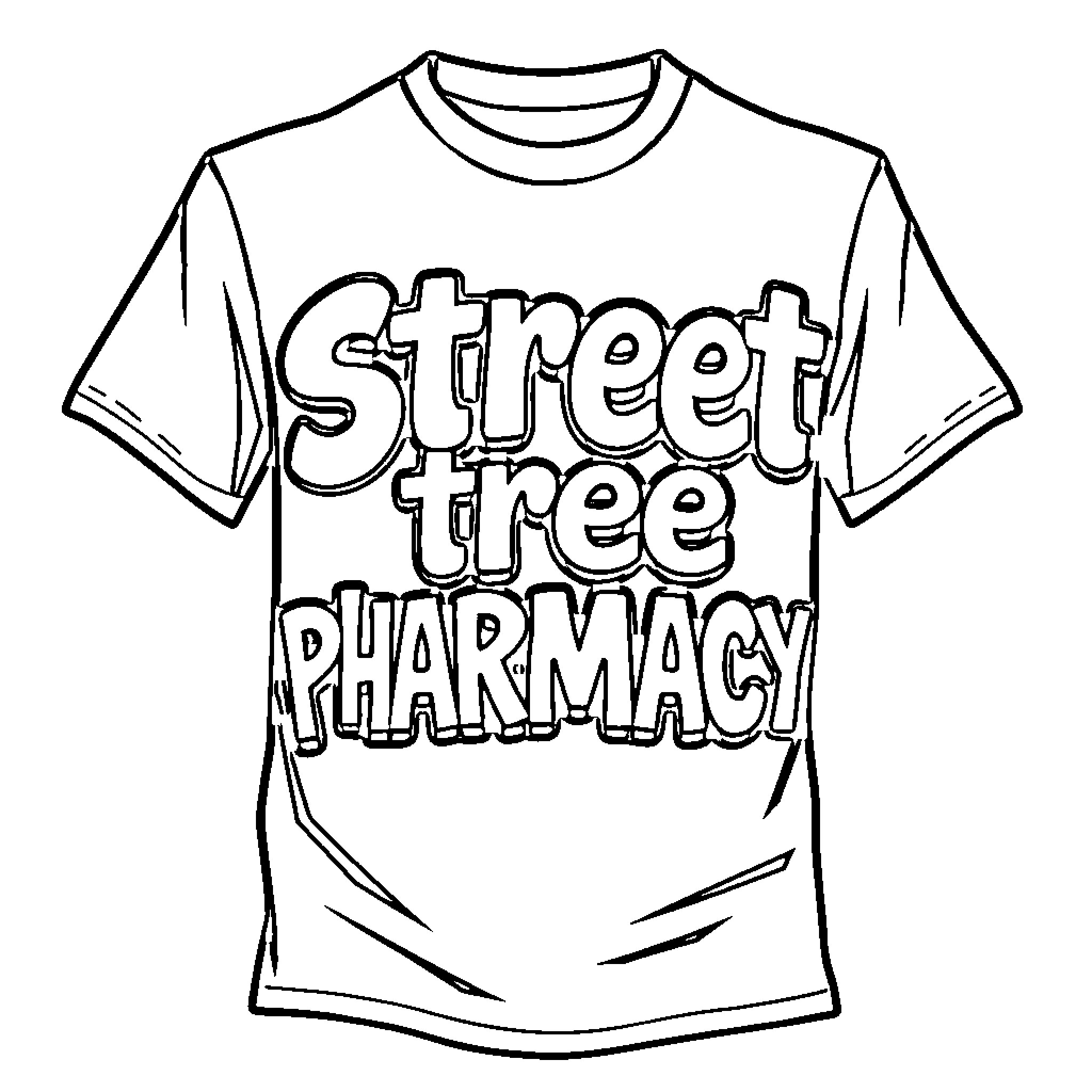 T-Shirt with 'Street tree pharmacy' text Coloring Page (free black-and-white line drawing printable PDF for all, from beginners to advanced learners, including children, teens, adults, and seniors)