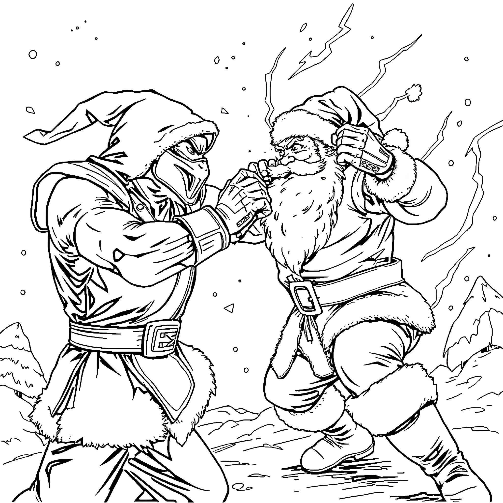 Mortal Kombat: Winter Warrior Showdown Coloring Page (free black-and-white line drawing printable PDF for all, from beginners to advanced learners, including children, teens, adults, and seniors)