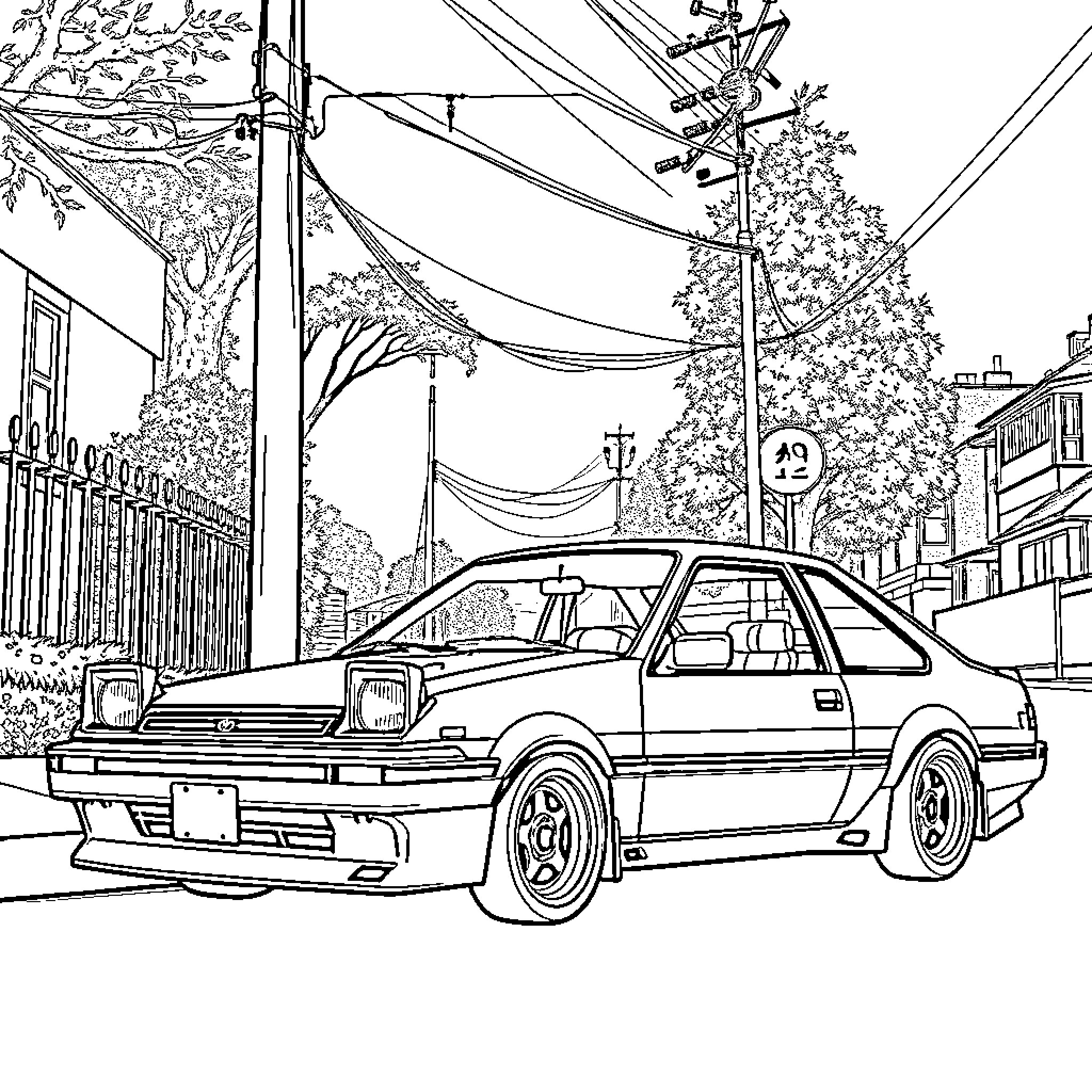 Toyota AE86 Driving Through Scenic Town Coloring Page (free black-and-white line drawing printable PDF for all, from beginners to advanced learners, including children, teens, adults, and seniors)