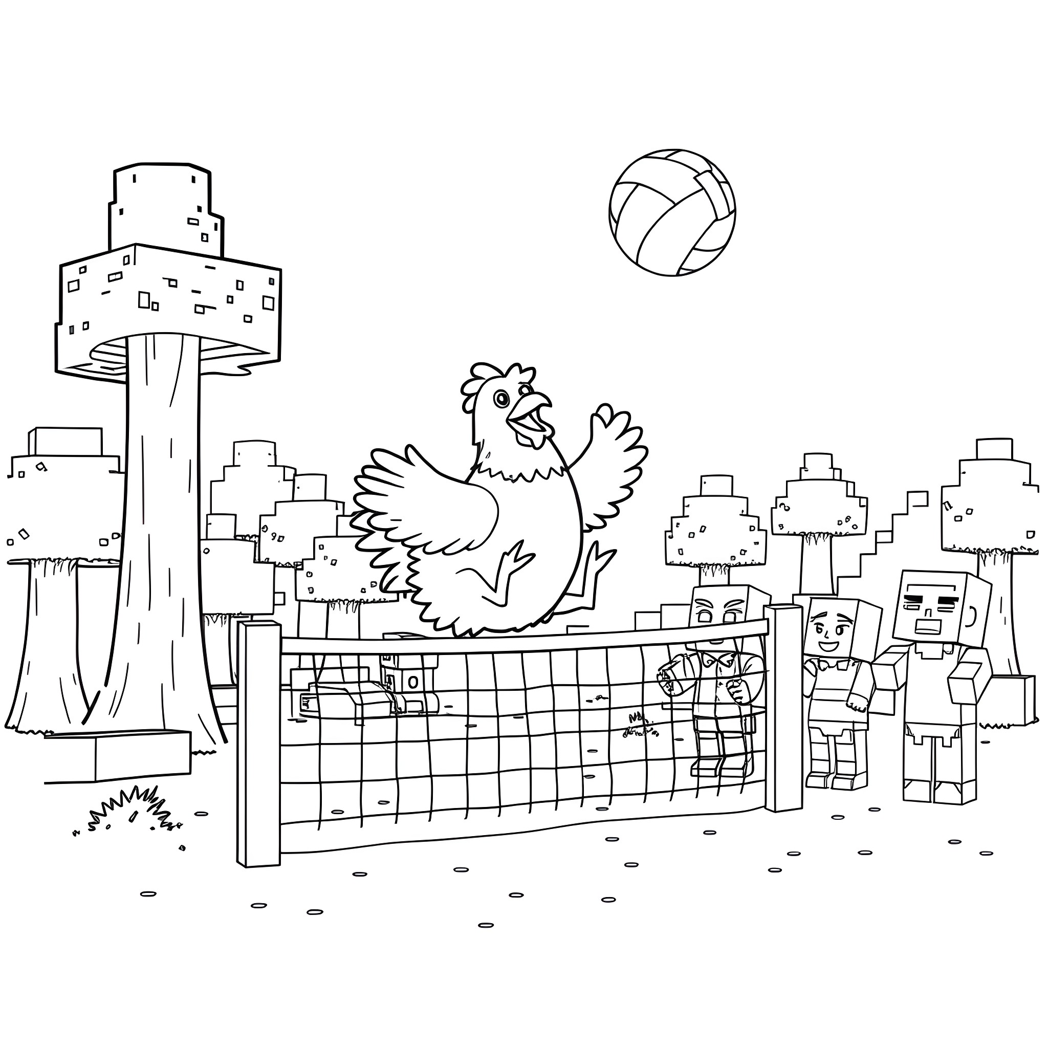 Minecraft Chicken playing volleyball with villagers Coloring Page (free black-and-white line drawing printable PDF for all, from beginners to advanced learners, including children, teens, adults, and seniors)
