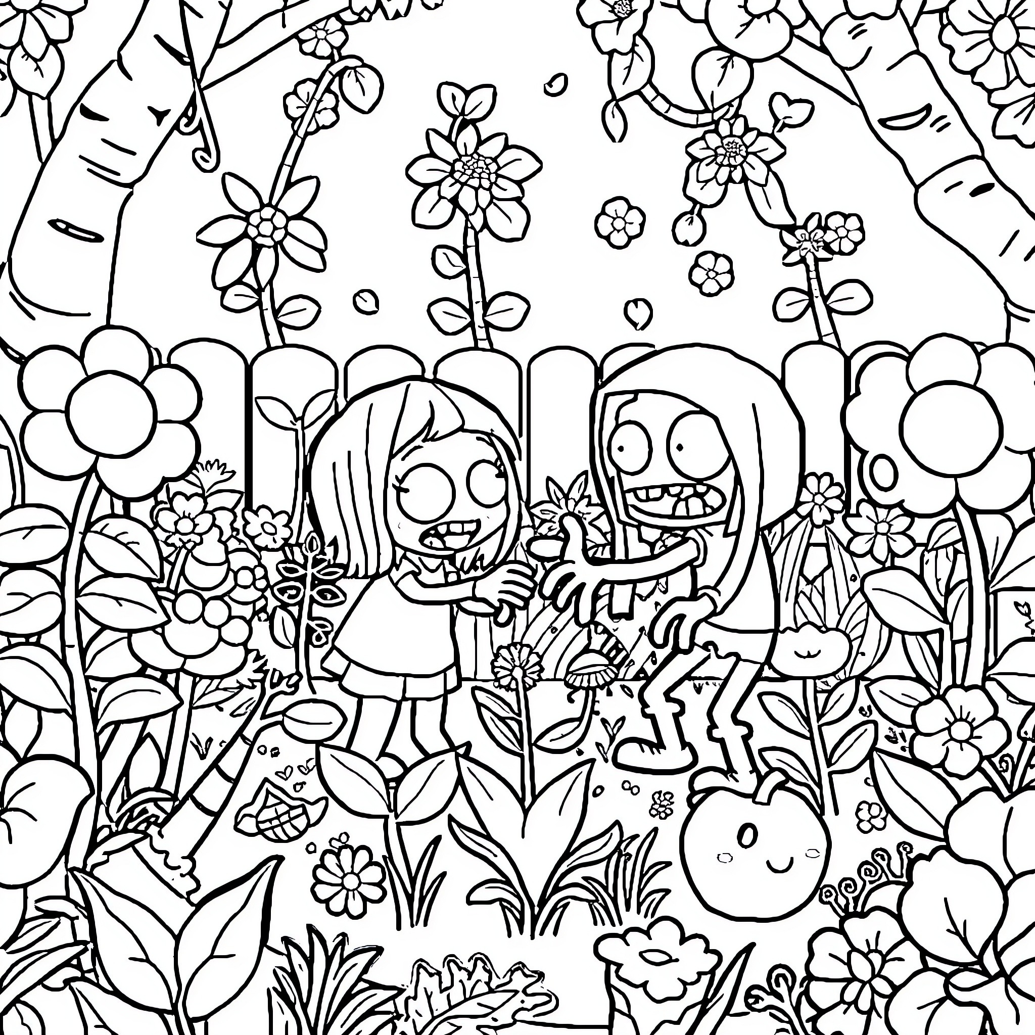 Plant-filled Garden with Playful Characters Coloring Page (free black-and-white line drawing printable PDF for all, from beginners to advanced learners, including children, teens, adults, and seniors)