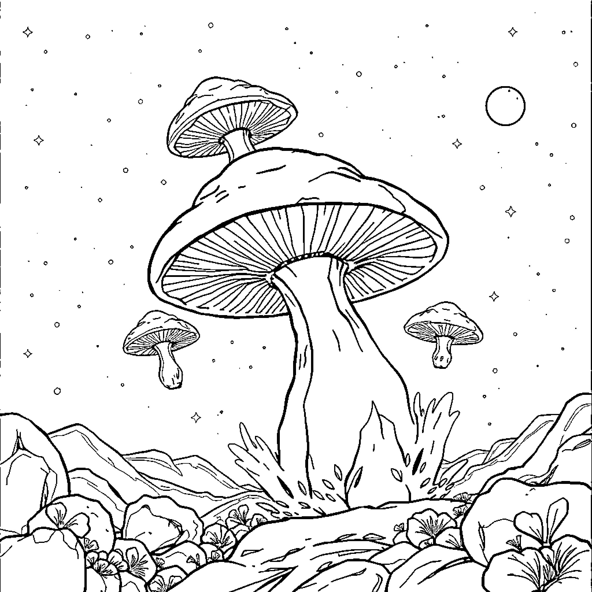 Mushroom fantasy landscape with mystical elements Coloring Page (free black-and-white line drawing printable PDF for all, from beginners to advanced learners, including children, teens, adults, and seniors)