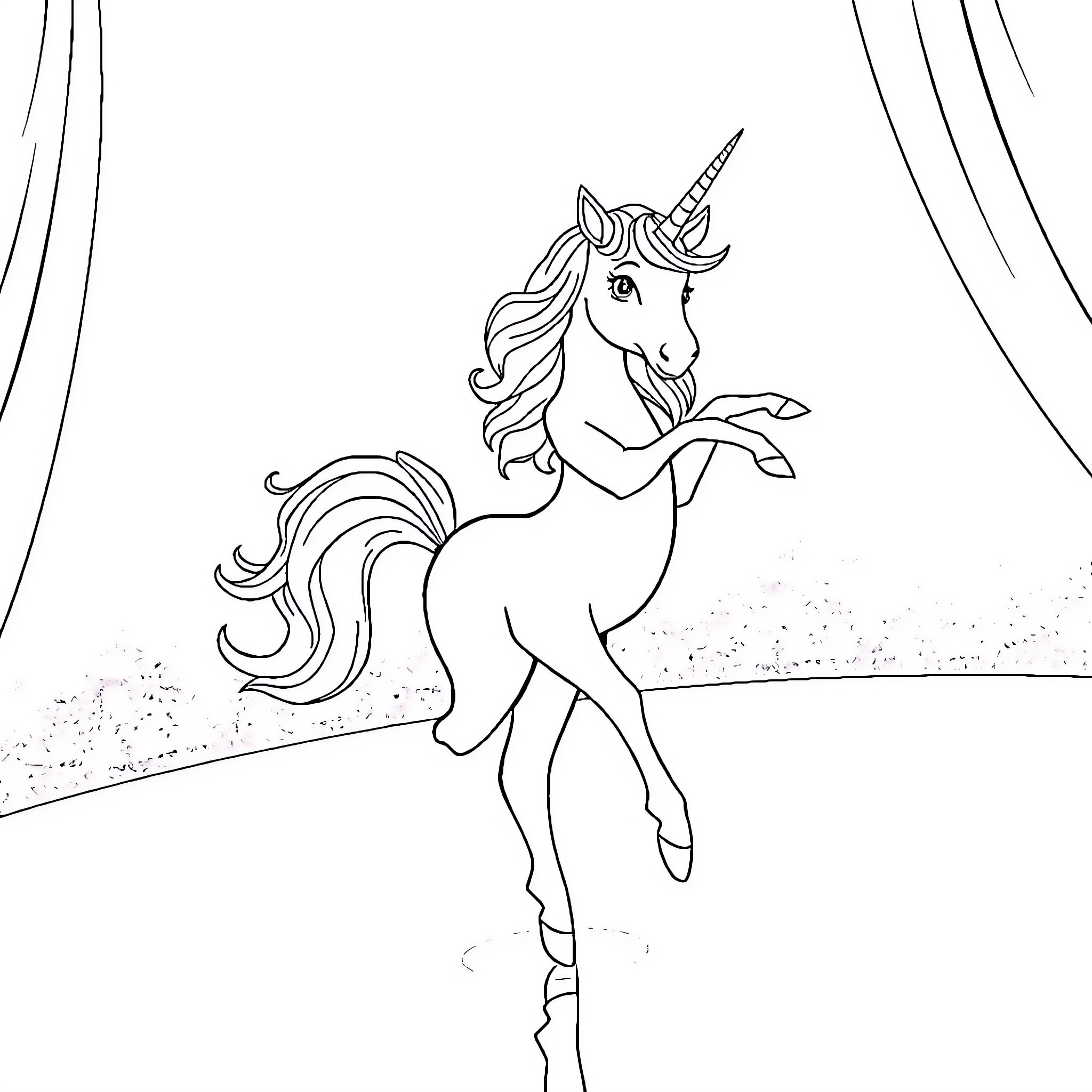 Unicorn Dancing on Stage Coloring Page (free black-and-white line drawing printable PDF for all, from beginners to advanced learners, including children, teens, adults, and seniors)