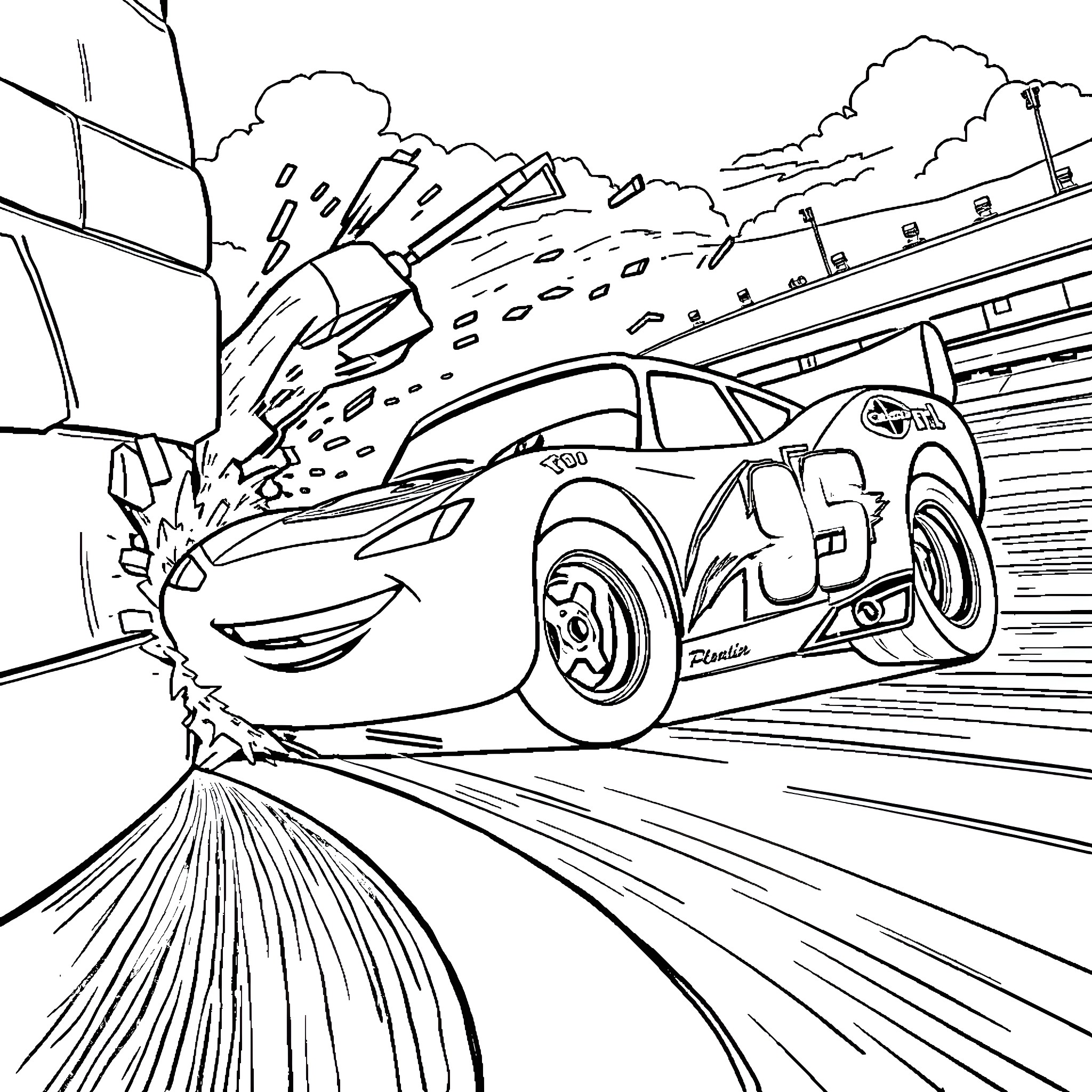 Lightning McQueen racing at high speed on the track Coloring Page (free black-and-white line drawing printable PDF for all, from beginners to advanced learners, including children, teens, adults, and seniors)