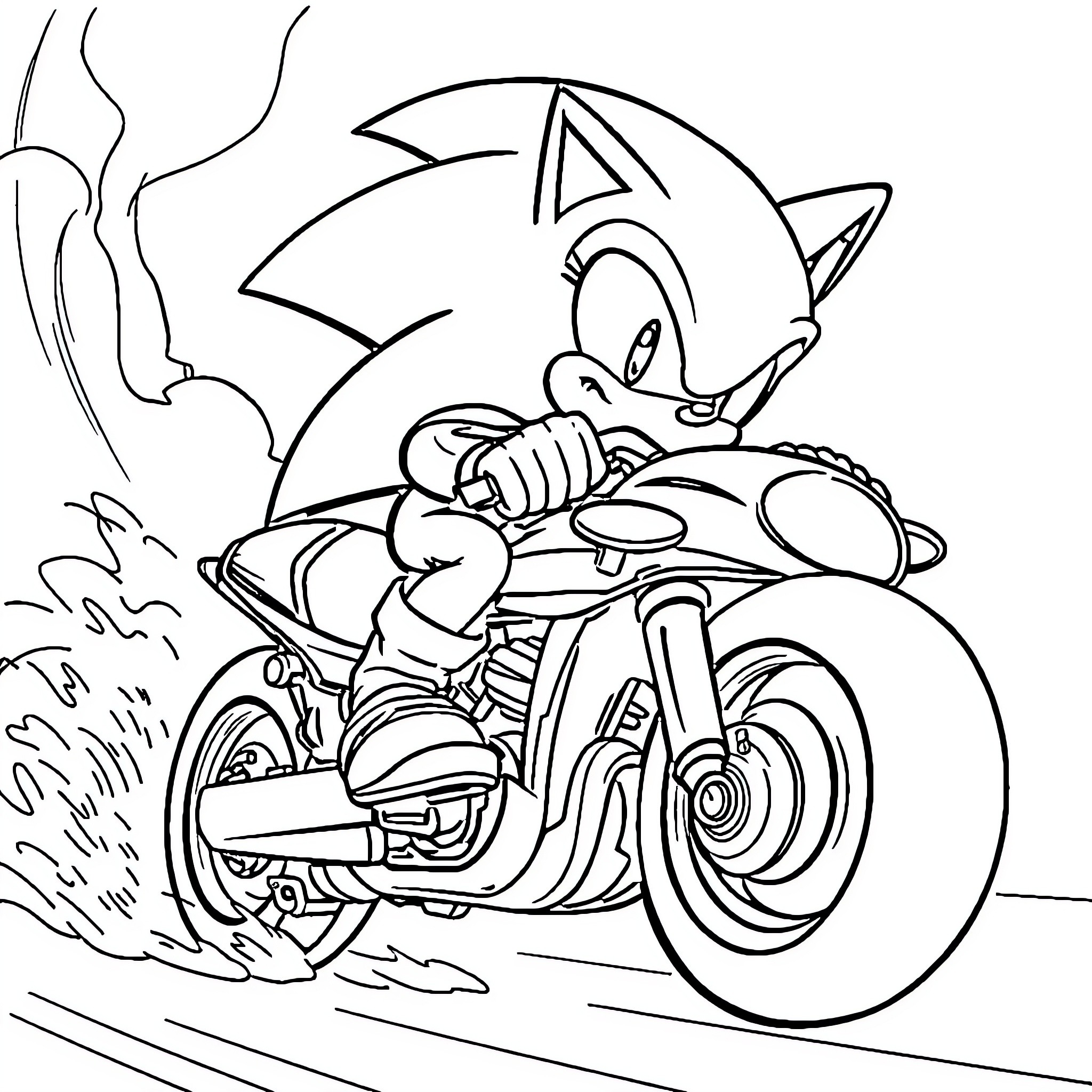 Sonic riding a motorcycle with determination Coloring Page (free black-and-white line drawing printable PDF for all, from beginners to advanced learners, including children, teens, adults, and seniors)