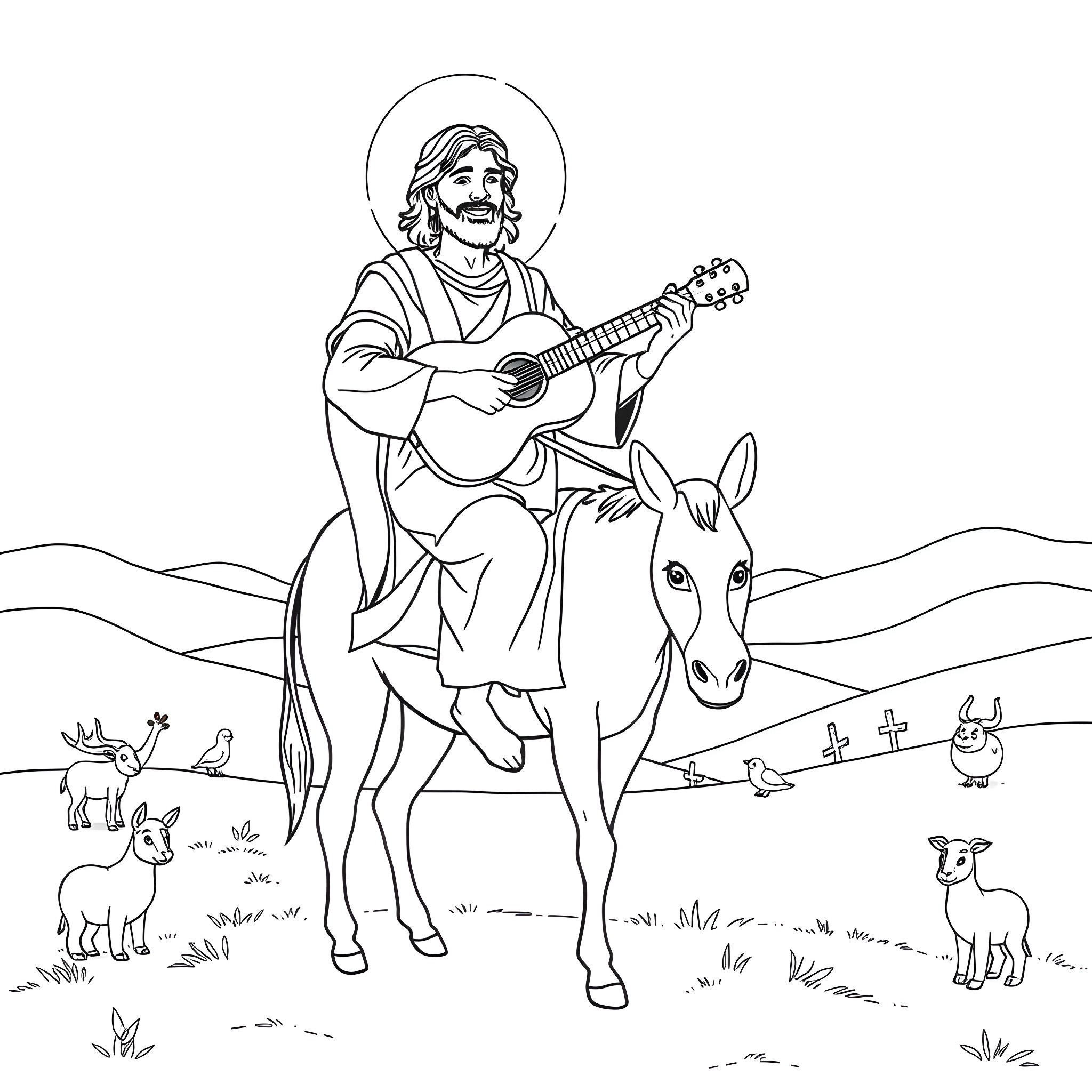 Jesus playing guitar with animals in the countryside Coloring Page (free black-and-white line drawing printable PDF for all, from beginners to advanced learners, including children, teens, adults, and seniors)