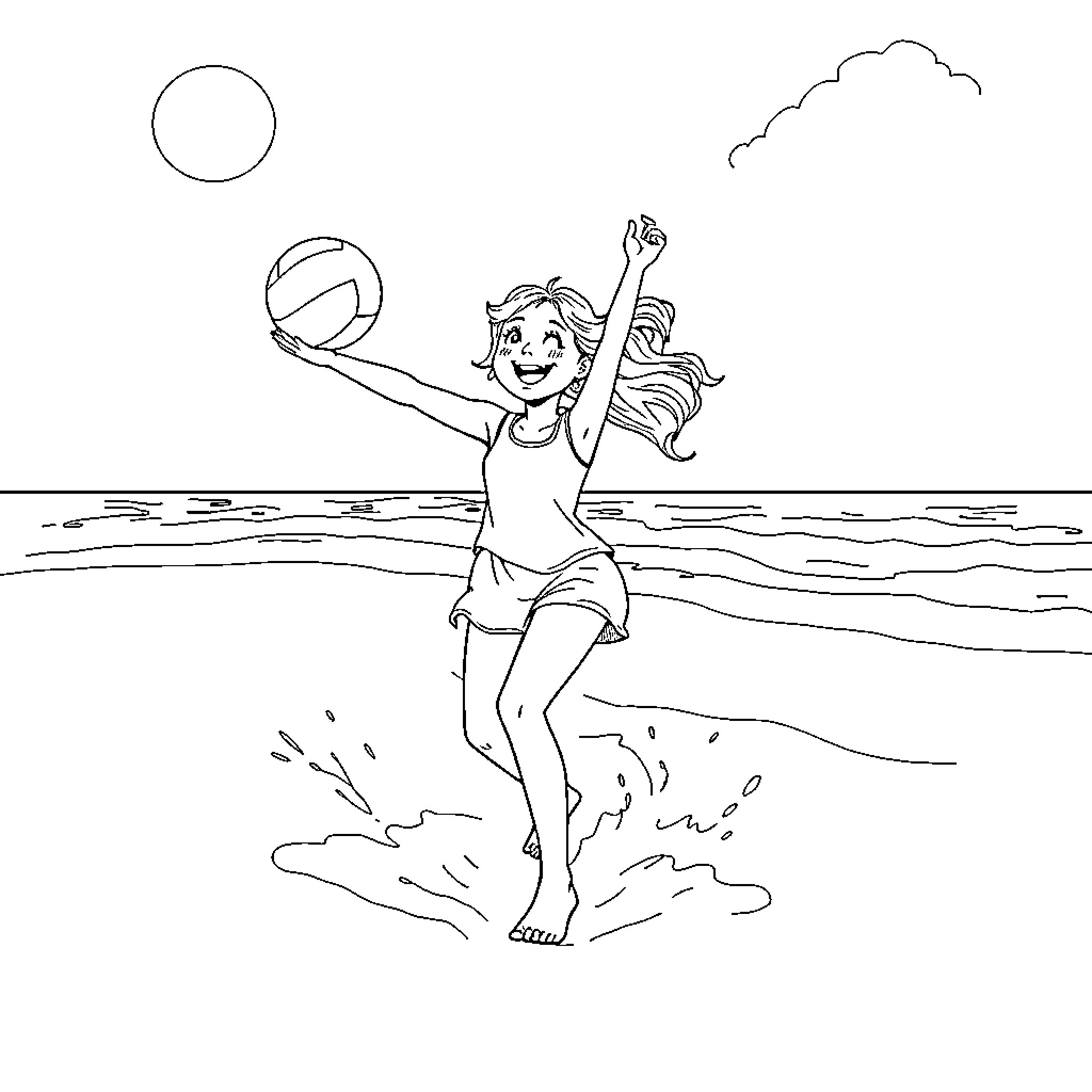 Girl joyfully playing in the ocean Coloring Page (free black-and-white line drawing printable PDF for all, from beginners to advanced learners, including children, teens, adults, and seniors)