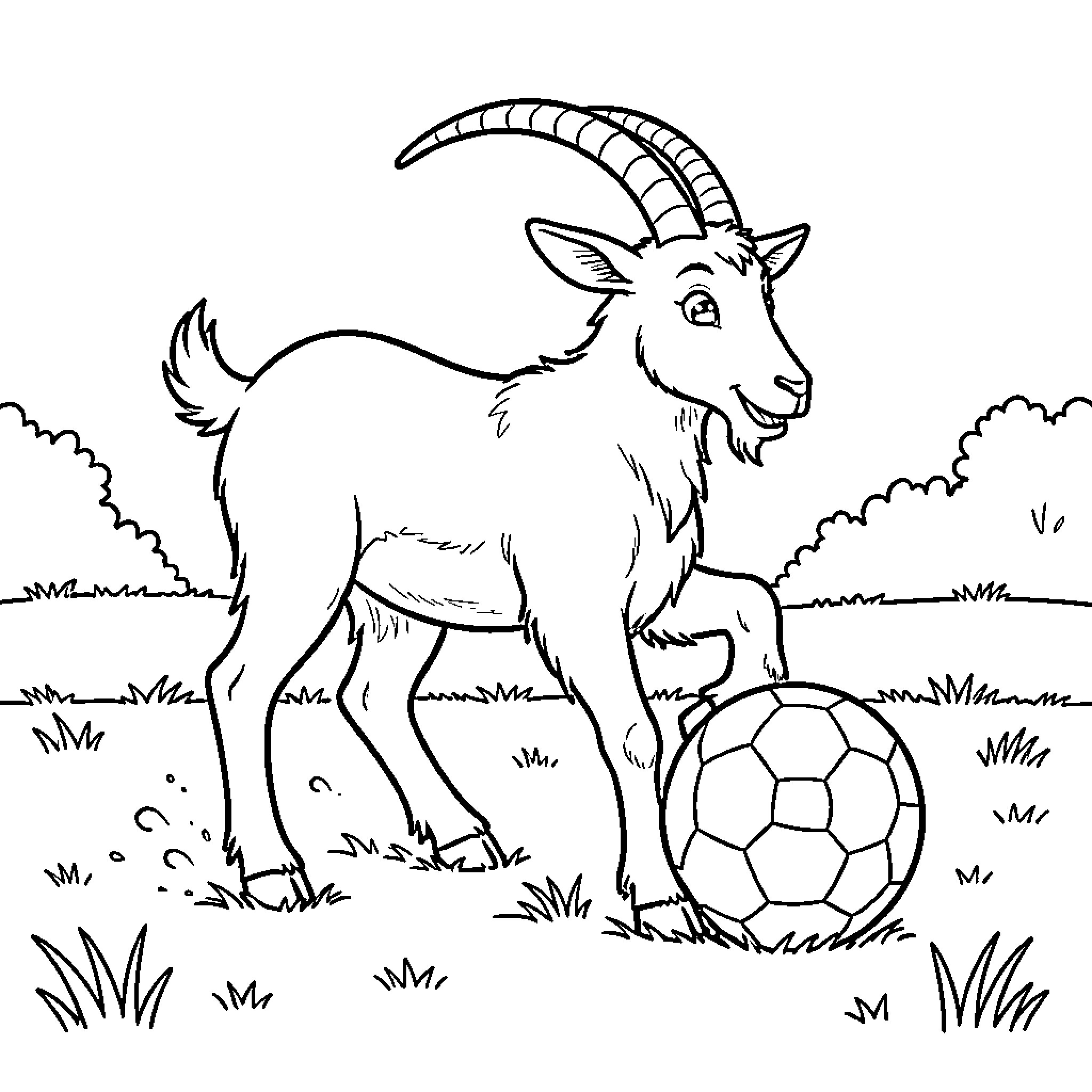 Goat playing with a soccer ball in a field Coloring Page (free black-and-white line drawing printable PDF for all, from beginners to advanced learners, including children, teens, adults, and seniors)