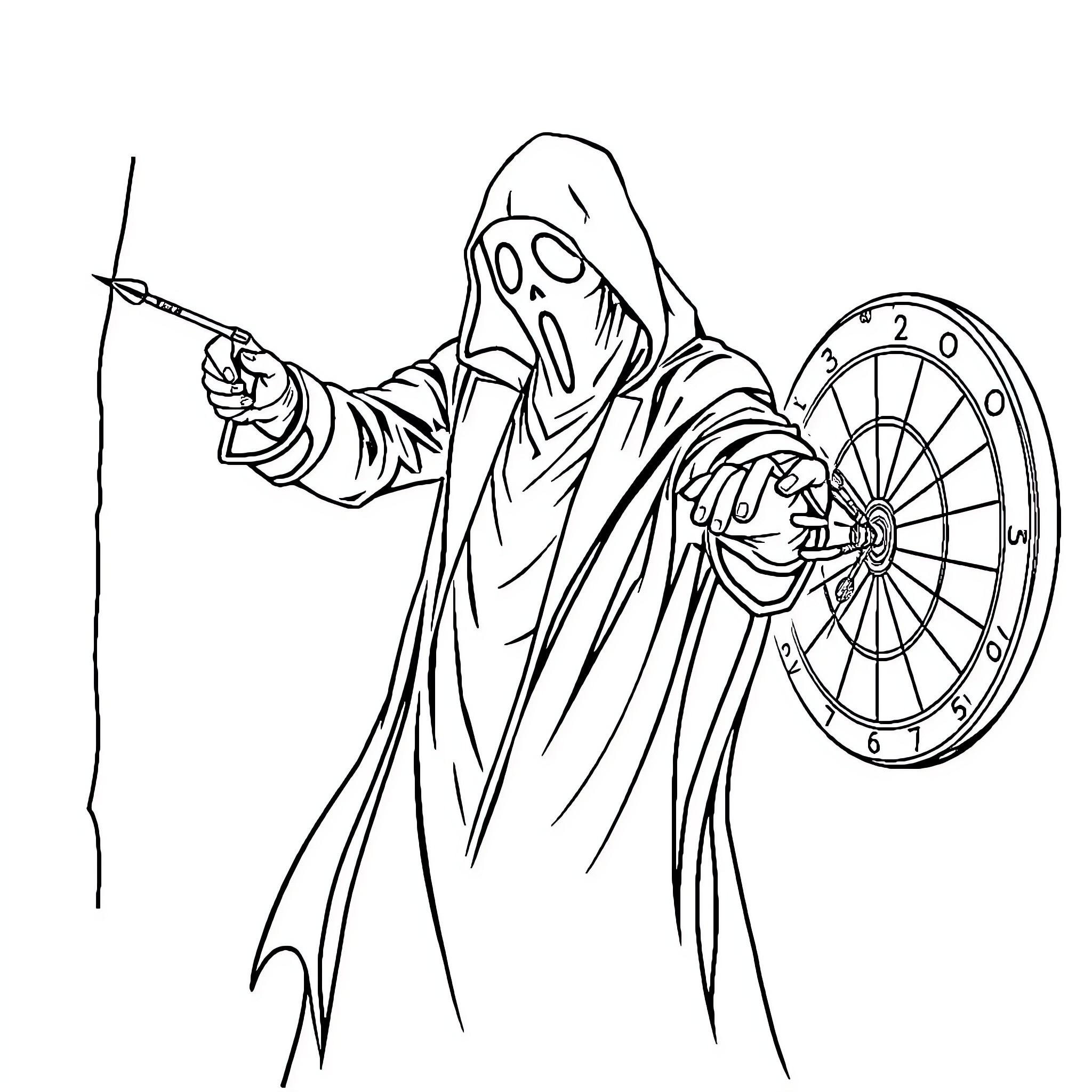 Ghostface aiming weapon and holding dartboard Coloring Page (free black-and-white line drawing printable PDF for all, from beginners to advanced learners, including children, teens, adults, and seniors)
