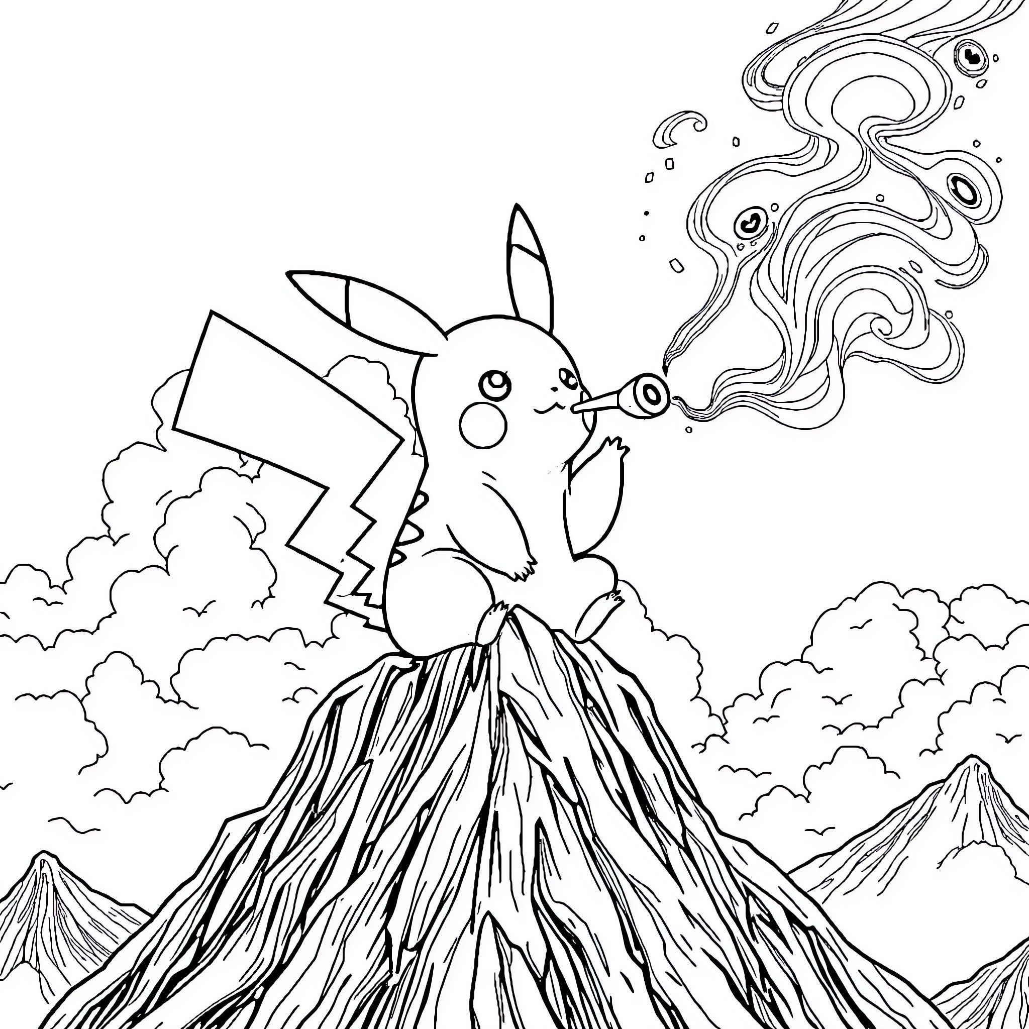 Pikachu Unleashing Thunderous Power on a Volcanic Landscape Coloring Page (free black-and-white line drawing printable PDF for all, from beginners to advanced learners, including children, teens, adults, and seniors)