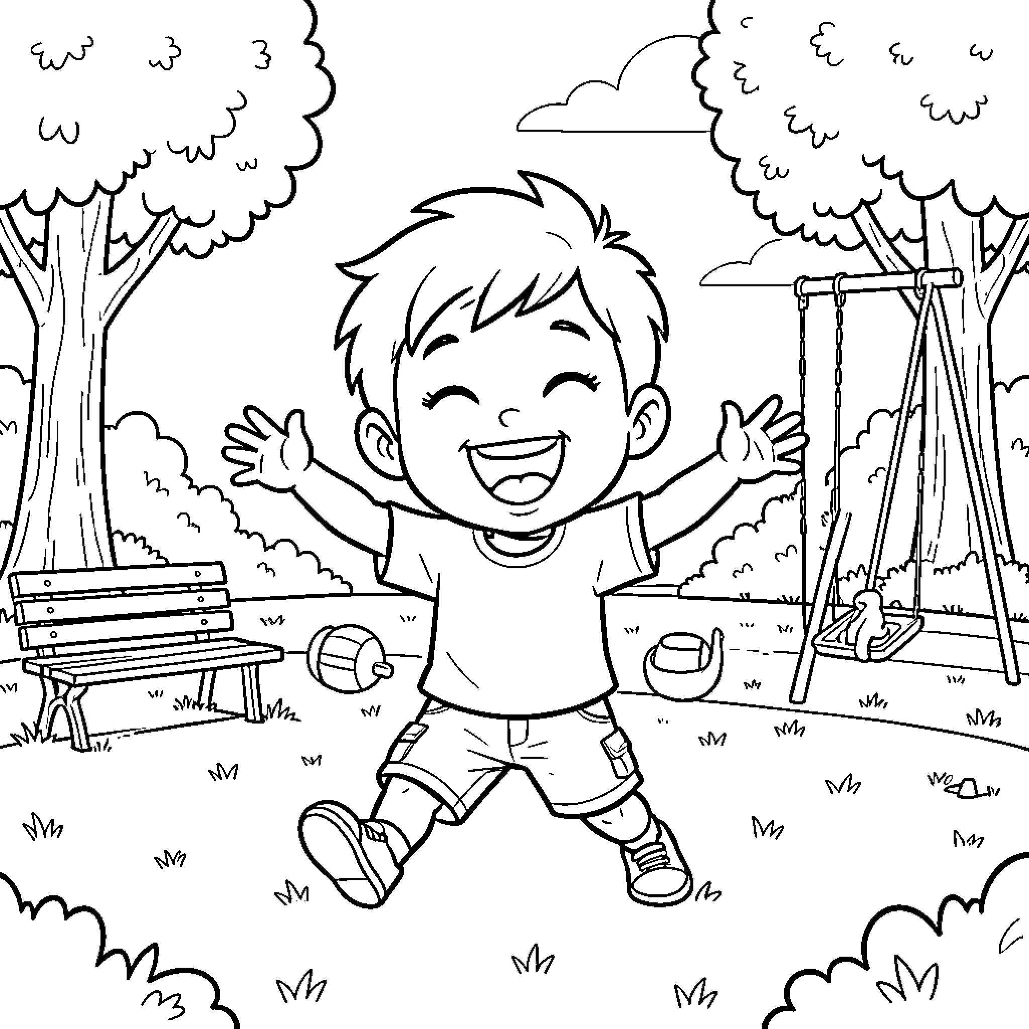 Jay Jay jumping joyfully in a playground setting Coloring Page (free black-and-white line drawing printable PDF for all, from beginners to advanced learners, including children, teens, adults, and seniors)