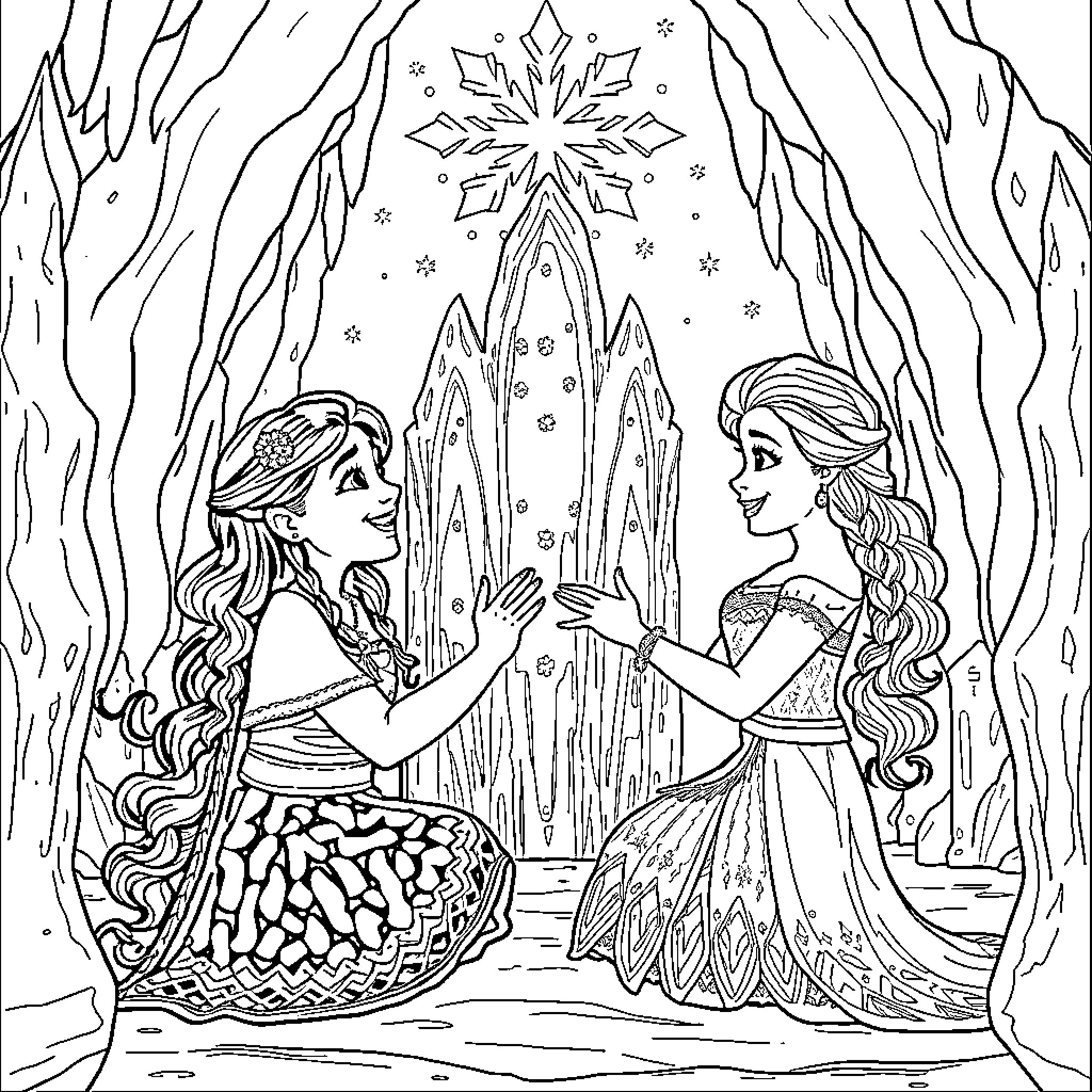 Moana and Elsa sharing a moment in the enchanted forest Coloring Page (free black-and-white line drawing printable PDF for all, from beginners to advanced learners, including children, teens, adults, and seniors)