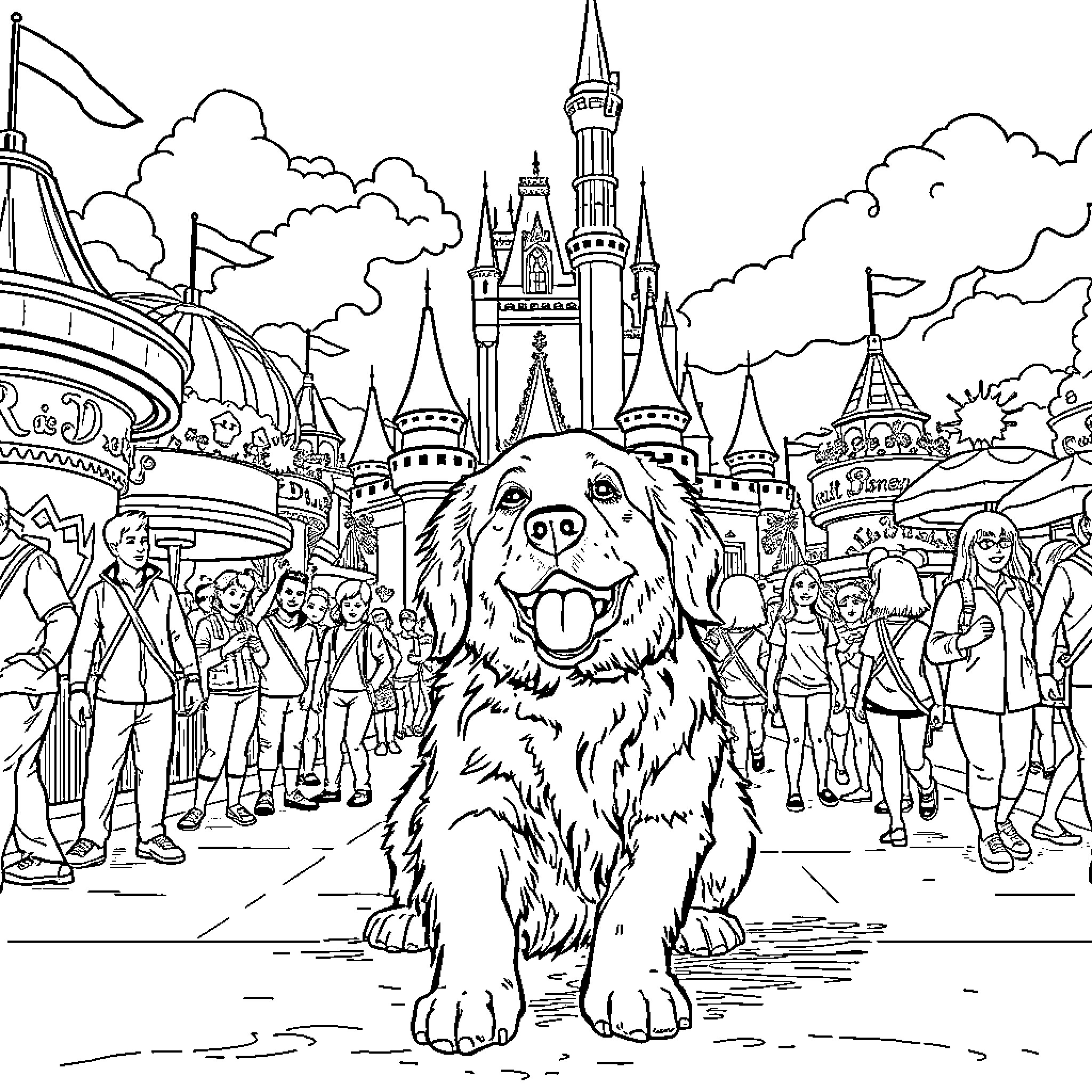 Golden Retriever exploring the magical theme park Coloring Page (free black-and-white line drawing printable PDF for all, from beginners to advanced learners, including children, teens, adults, and seniors)
