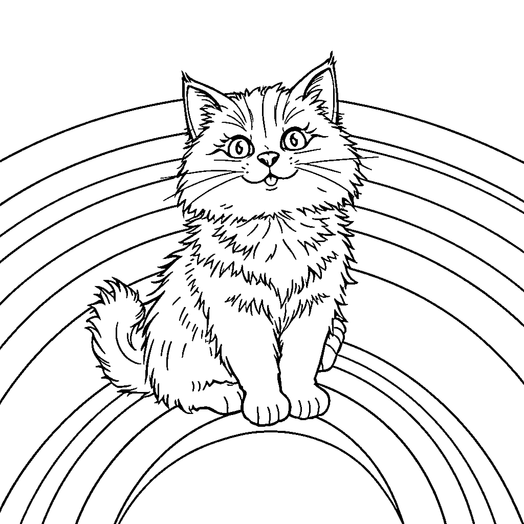 Cat sitting on rainbow stripes Coloring Page (free black-and-white line drawing printable PDF for all, from beginners to advanced learners, including children, teens, adults, and seniors)