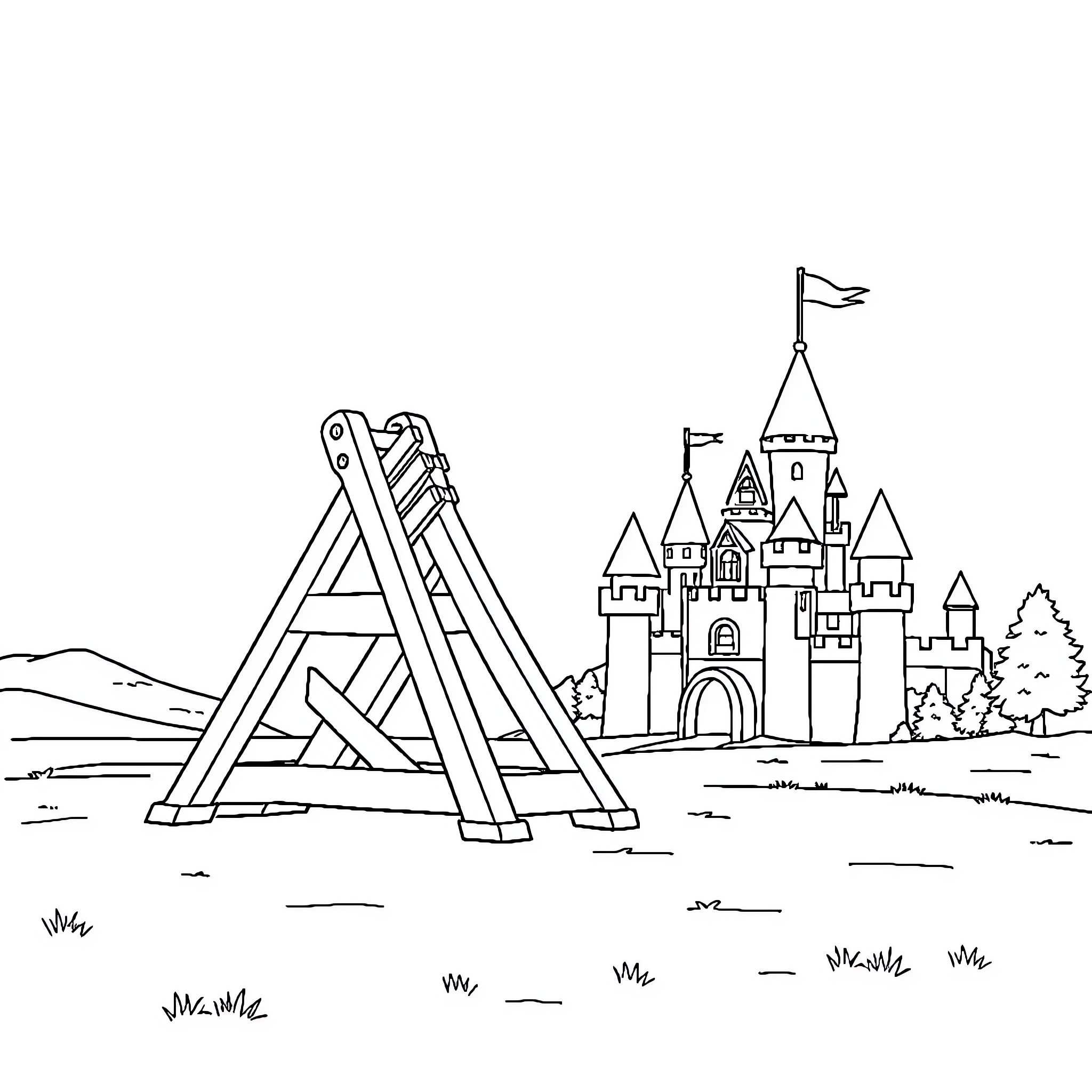Trebuchet and medieval castle in countryside Coloring Page (free black-and-white line drawing printable PDF for all, from beginners to advanced learners, including children, teens, adults, and seniors)