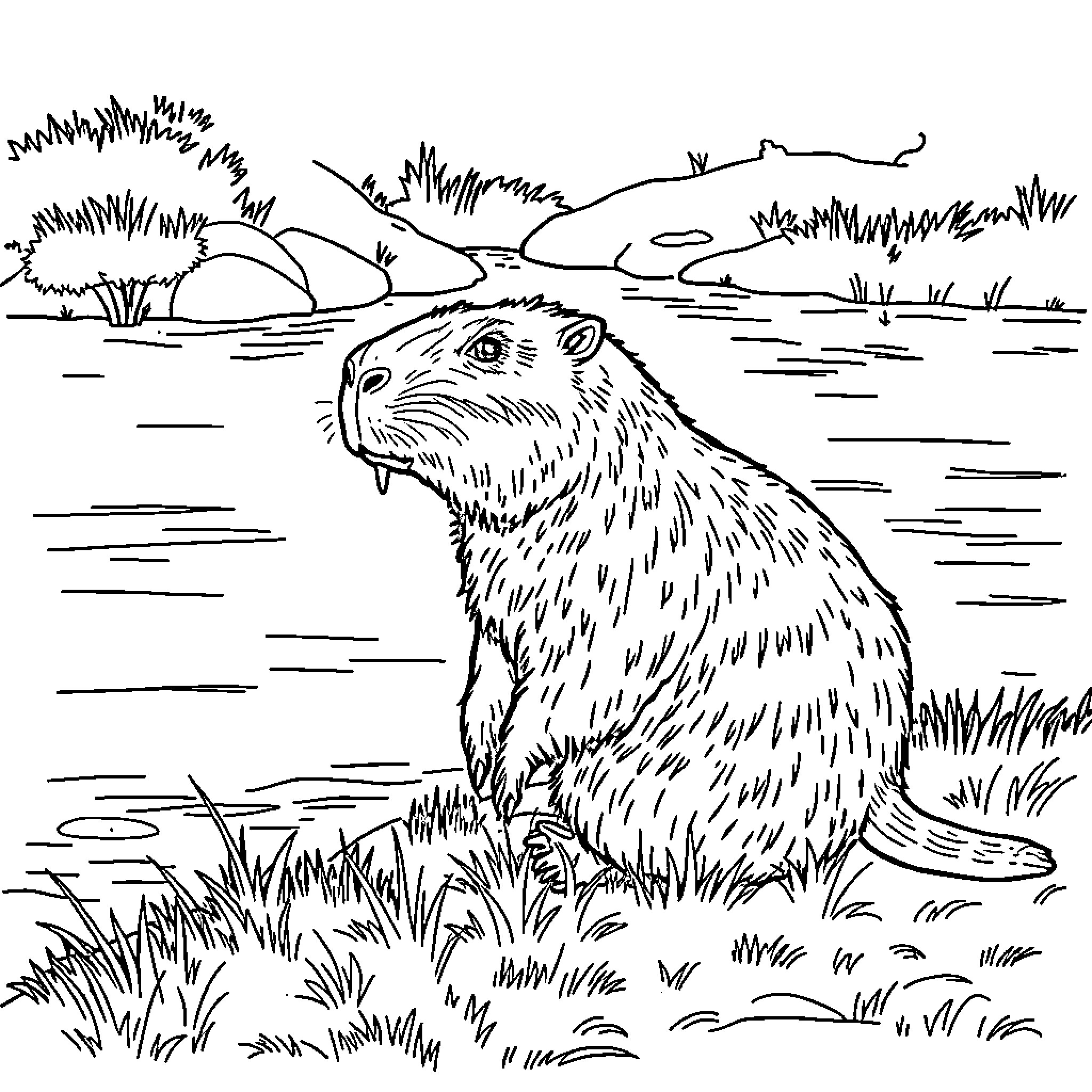 Capybara relaxing in natural habitat Coloring Page (free black-and-white line drawing printable PDF for all, from beginners to advanced learners, including children, teens, adults, and seniors)
