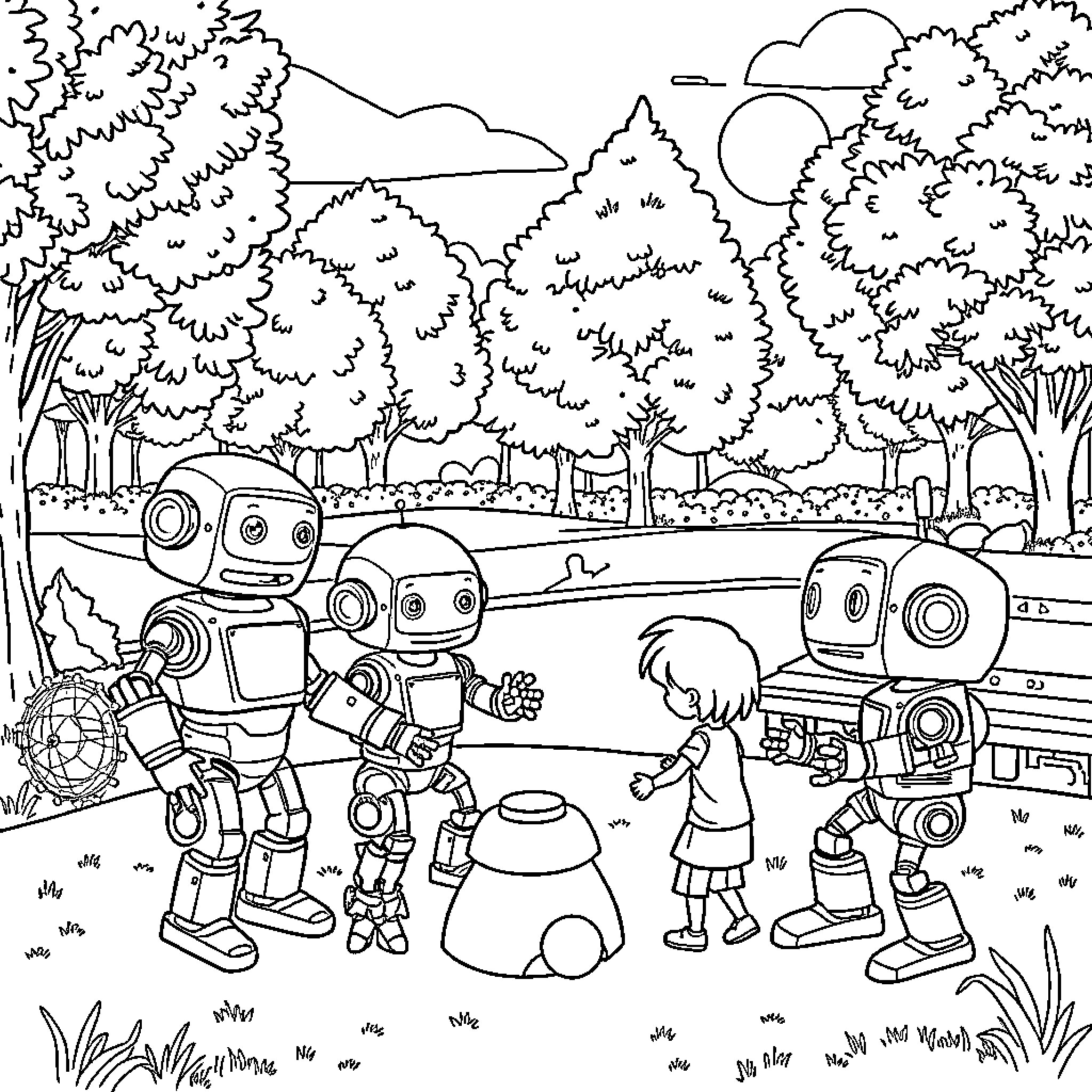 Robot Companions Explore the Enchanting Outdoors Coloring Page (free black-and-white line drawing printable PDF for all, from beginners to advanced learners, including children, teens, adults, and seniors)