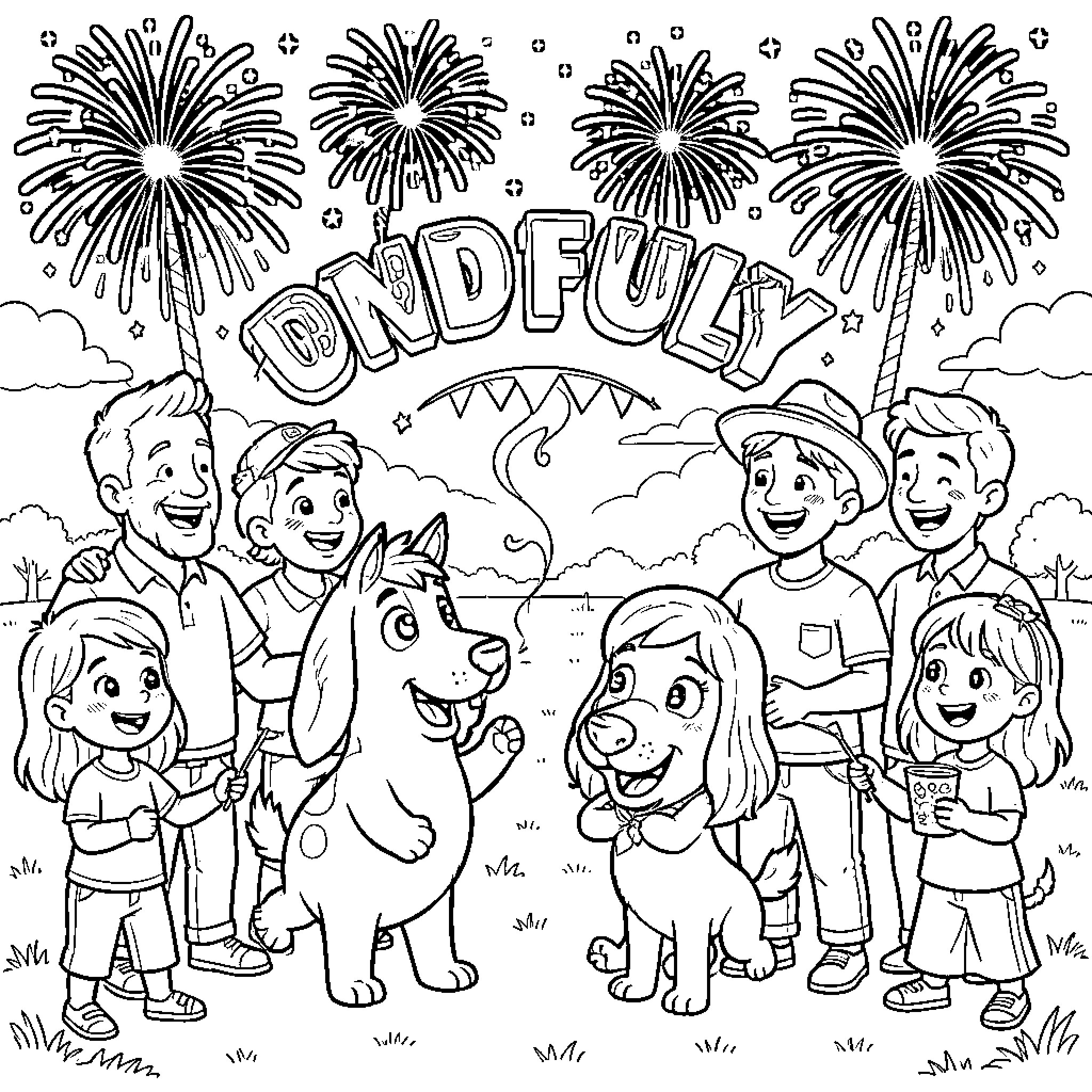 Bingo and friends celebrating with fireworks and kites Coloring Page (free black-and-white line drawing printable PDF for all, from beginners to advanced learners, including children, teens, adults, and seniors)