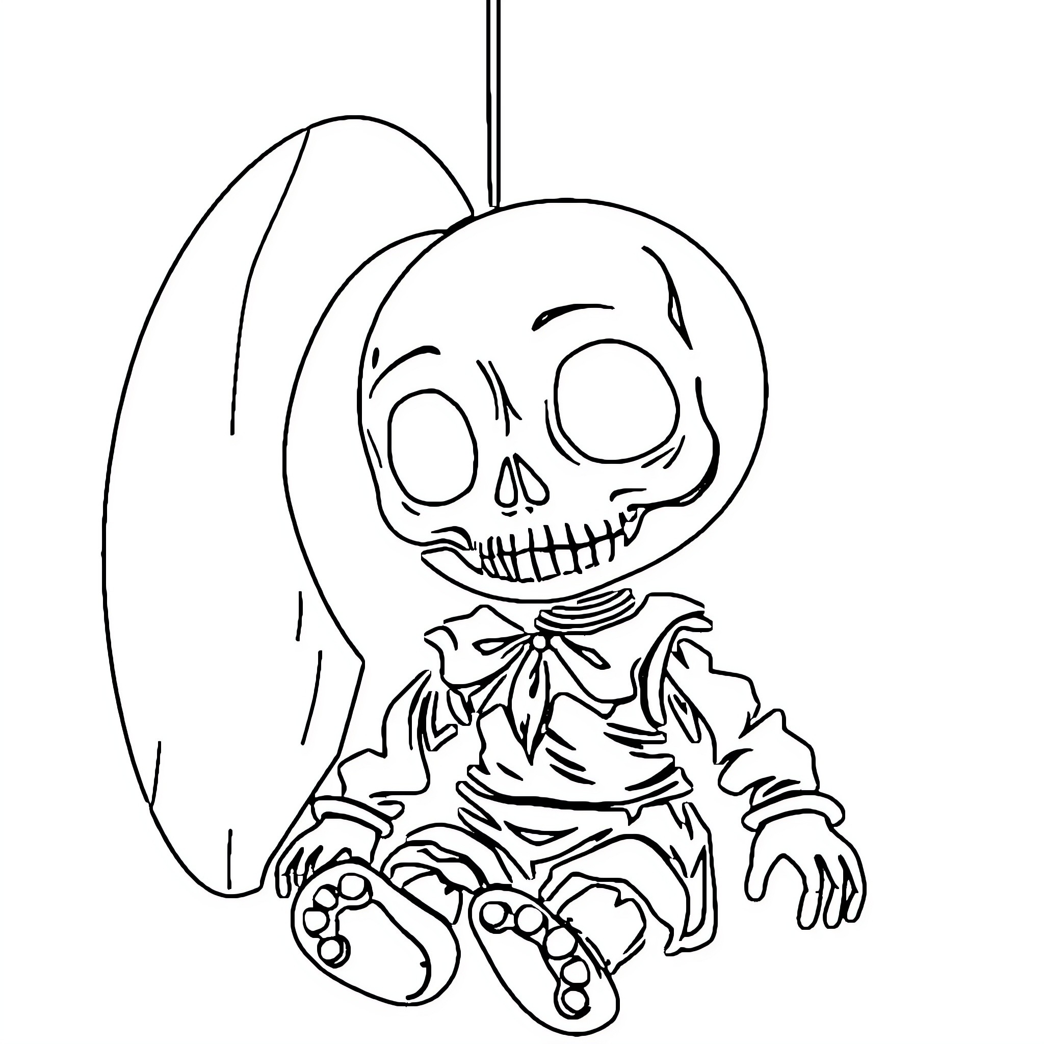 Skull creature in a hanging pose Coloring Page (free black-and-white line drawing printable PDF for all, from beginners to advanced learners, including children, teens, adults, and seniors)