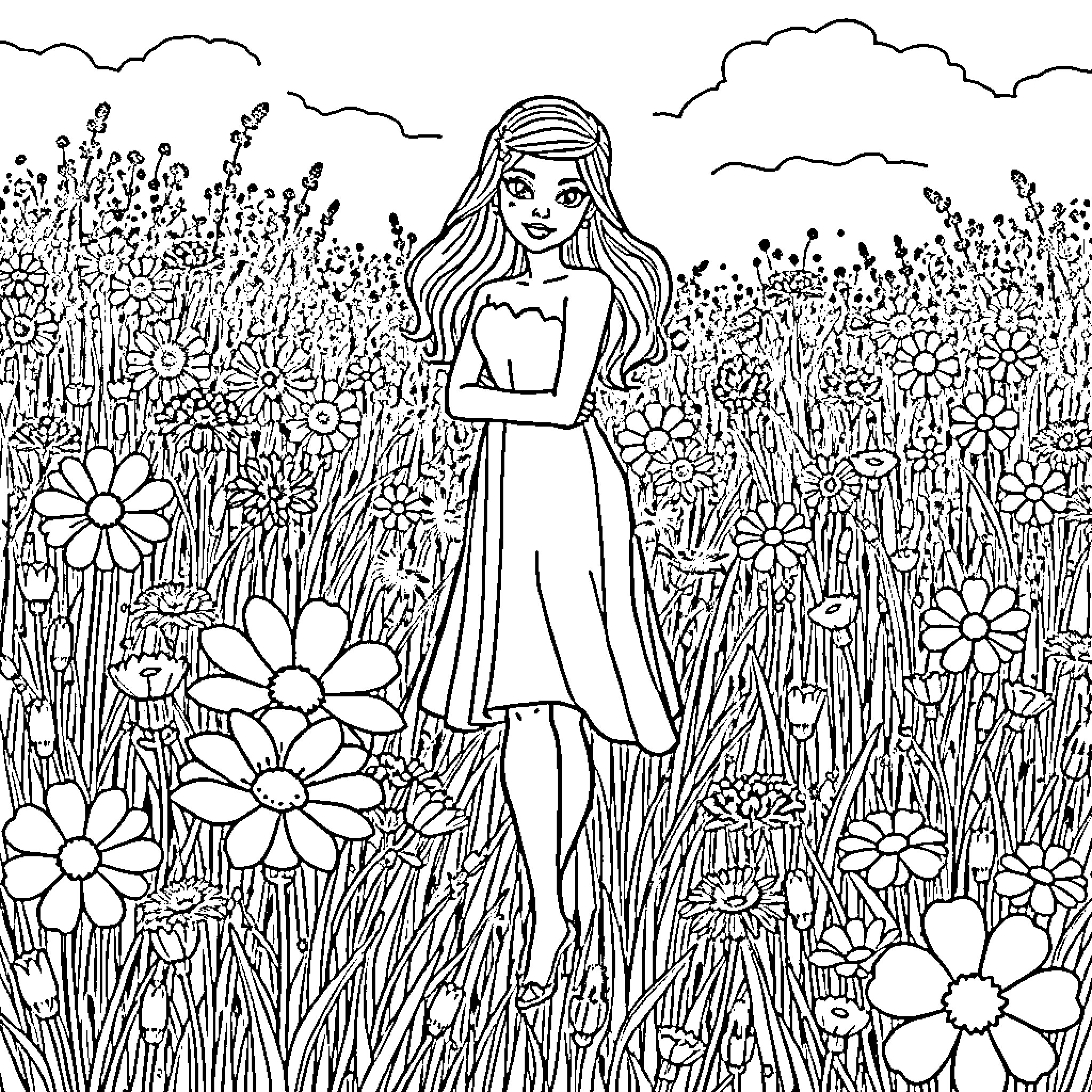 Flower Girl in a Blooming Field Coloring Page (free black-and-white line drawing printable PDF for all, from beginners to advanced learners, including children, teens, adults, and seniors)