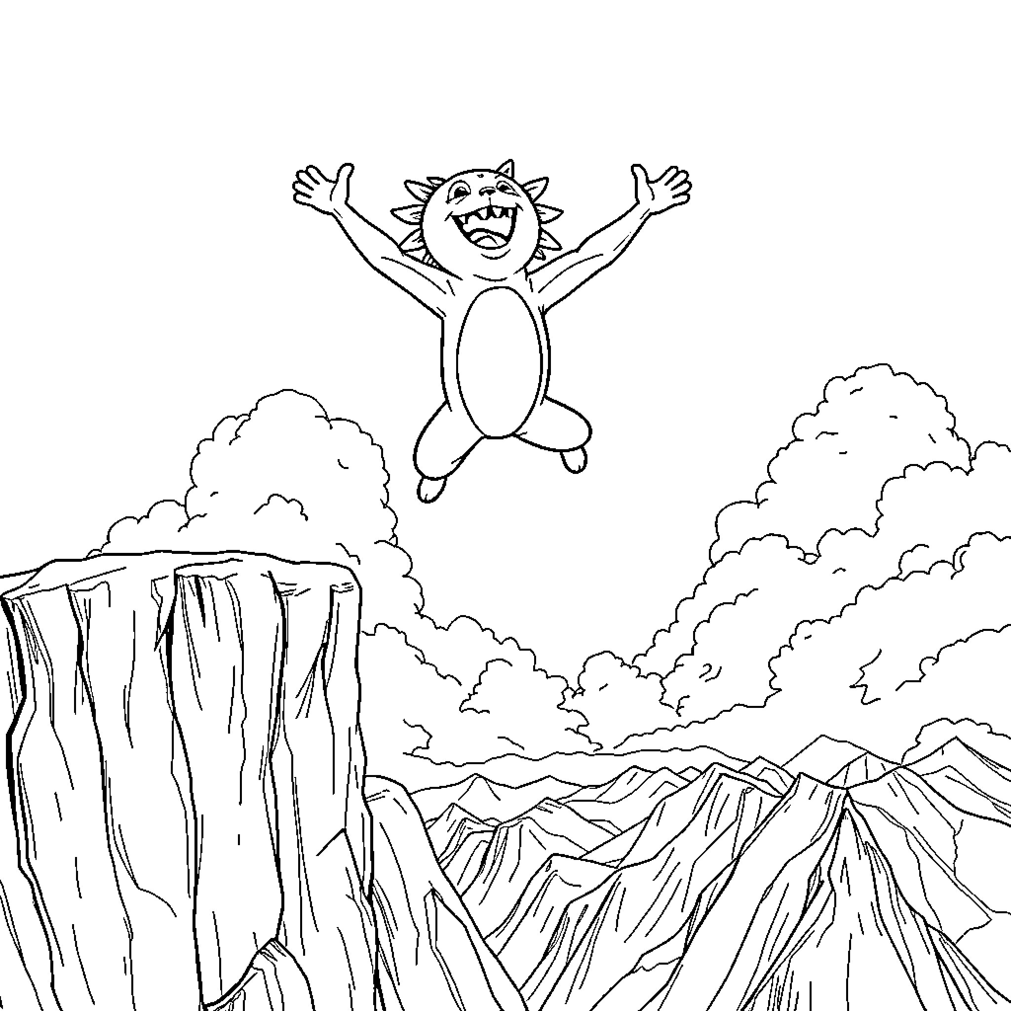 Hug the Happy Creature Over the Cliffs Coloring Page (free black-and-white line drawing printable PDF for all, from beginners to advanced learners, including children, teens, adults, and seniors)