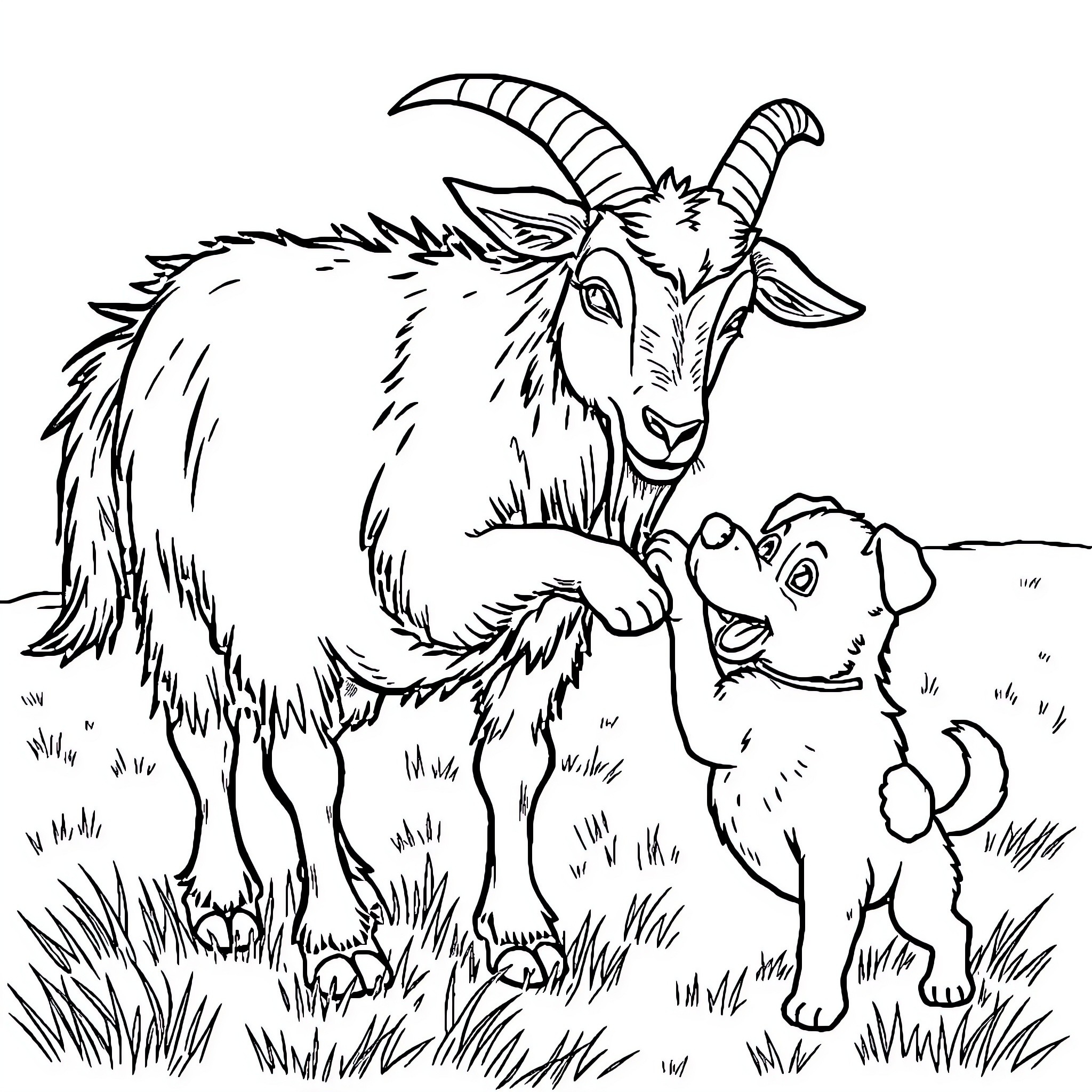 Goat interacting with playful puppy in the meadow Coloring Page (free black-and-white line drawing printable PDF for all, from beginners to advanced learners, including children, teens, adults, and seniors)