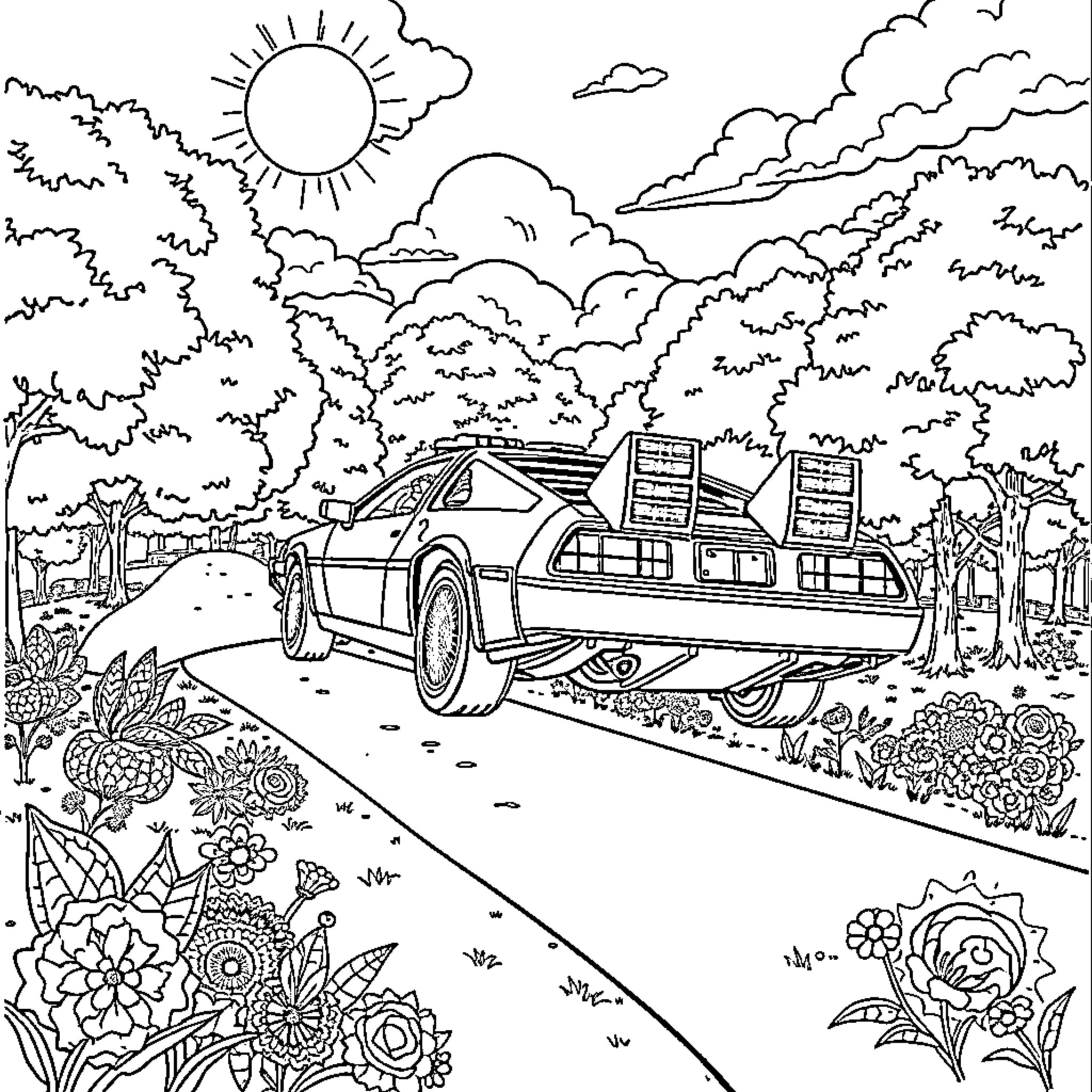 DeLorean car time-traveling through a lush, nature-filled landscape Coloring Page (free black-and-white line drawing printable PDF for all, from beginners to advanced learners, including children, teens, adults, and seniors)
