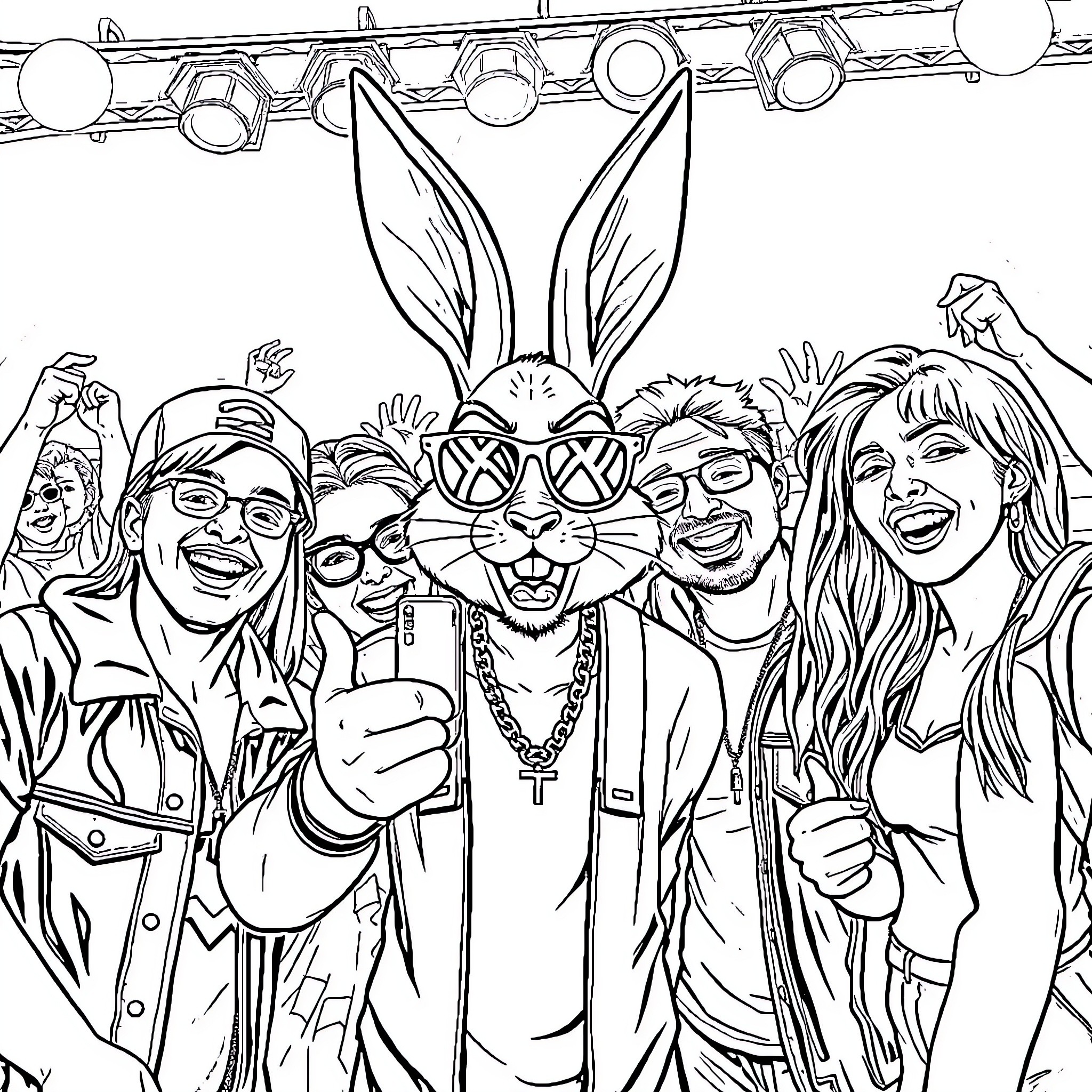 Bad Bunny Celebrates with Fans in Lively Concert Coloring Page (free black-and-white line drawing printable PDF for all, from beginners to advanced learners, including children, teens, adults, and seniors)