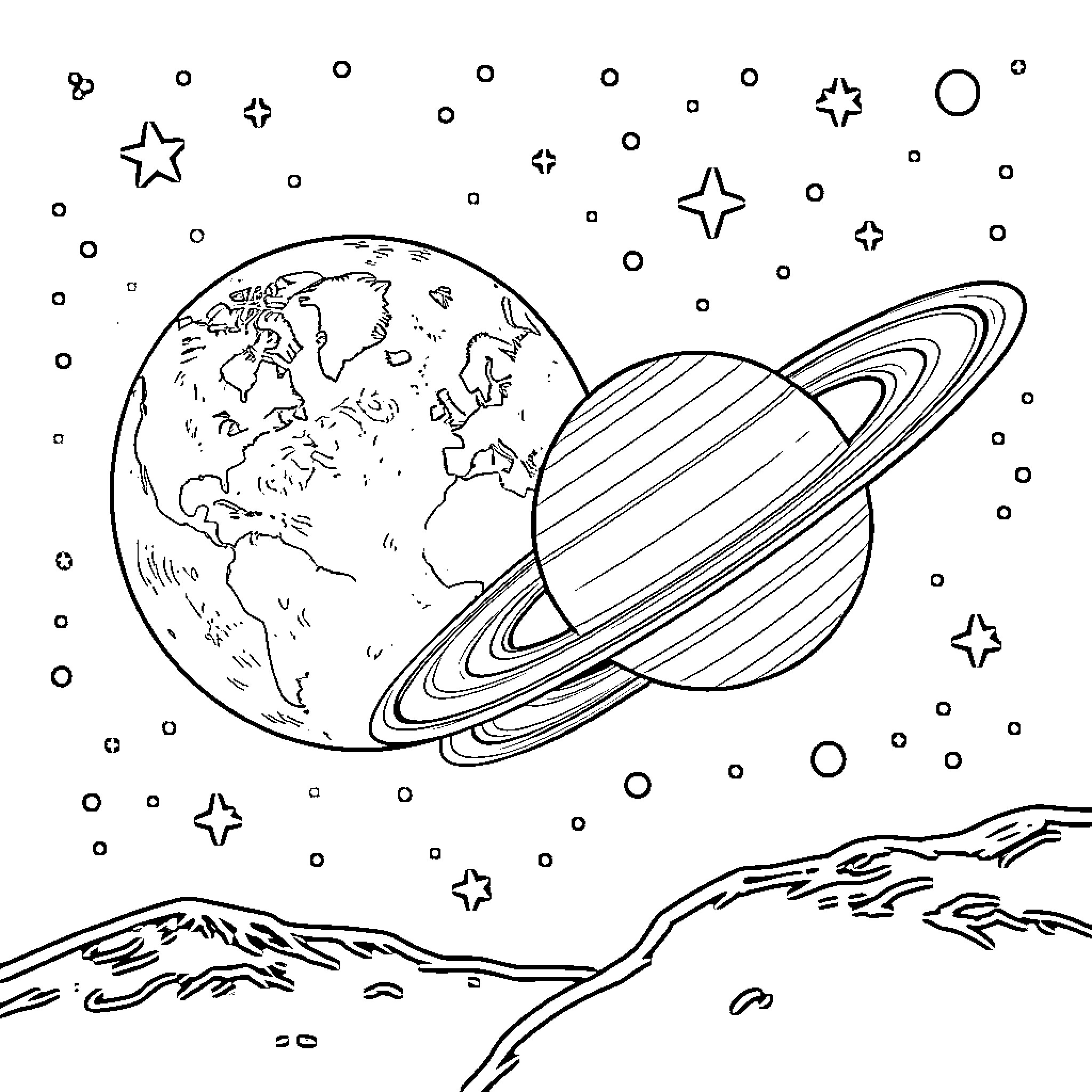 Moon and Saturn in the Starry Night Sky Coloring Page (free black-and-white line drawing printable PDF for all, from beginners to advanced learners, including children, teens, adults, and seniors)