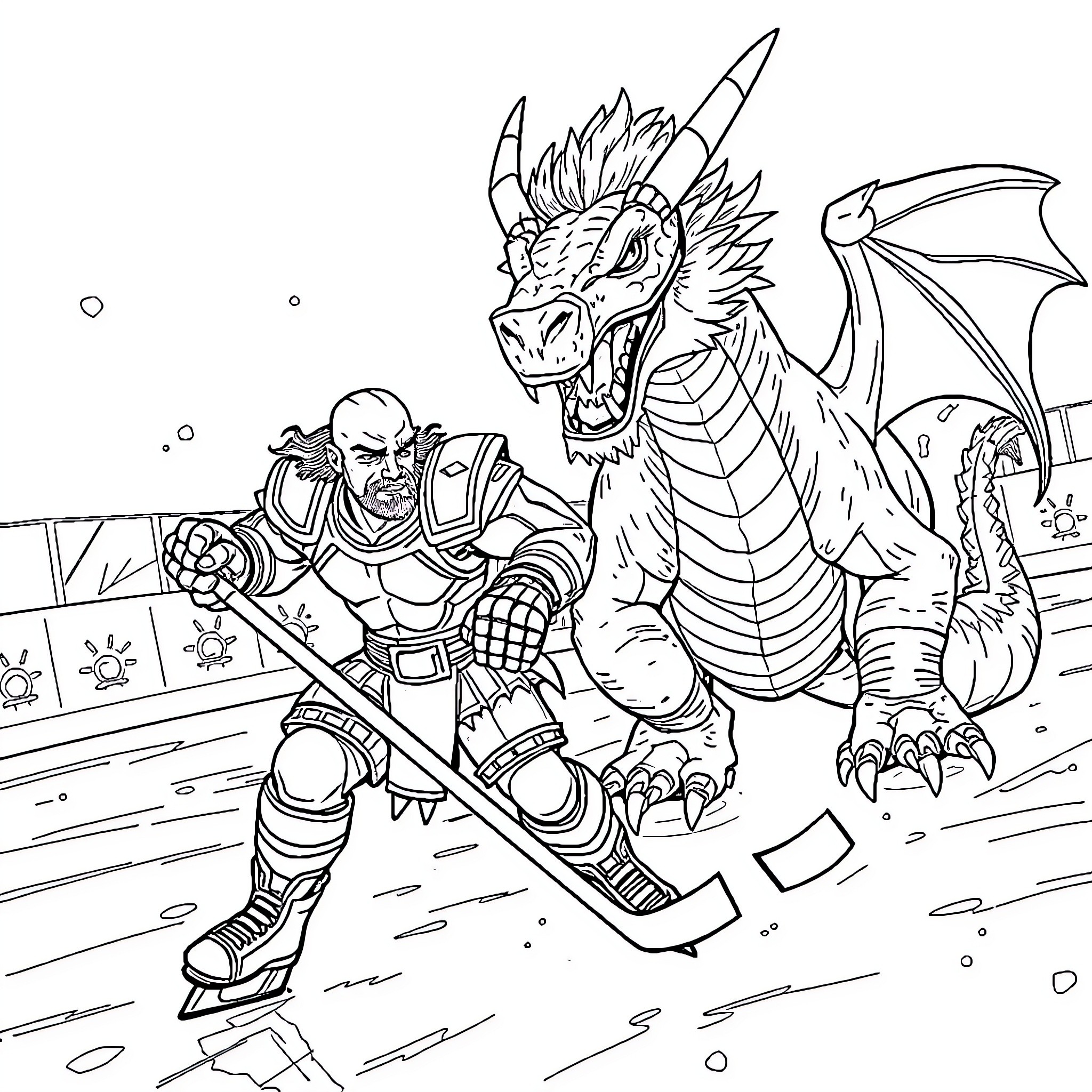 Worf and the Fearsome Dragon in Battle Coloring Page (free black-and-white line drawing printable PDF for all, from beginners to advanced learners, including children, teens, adults, and seniors)