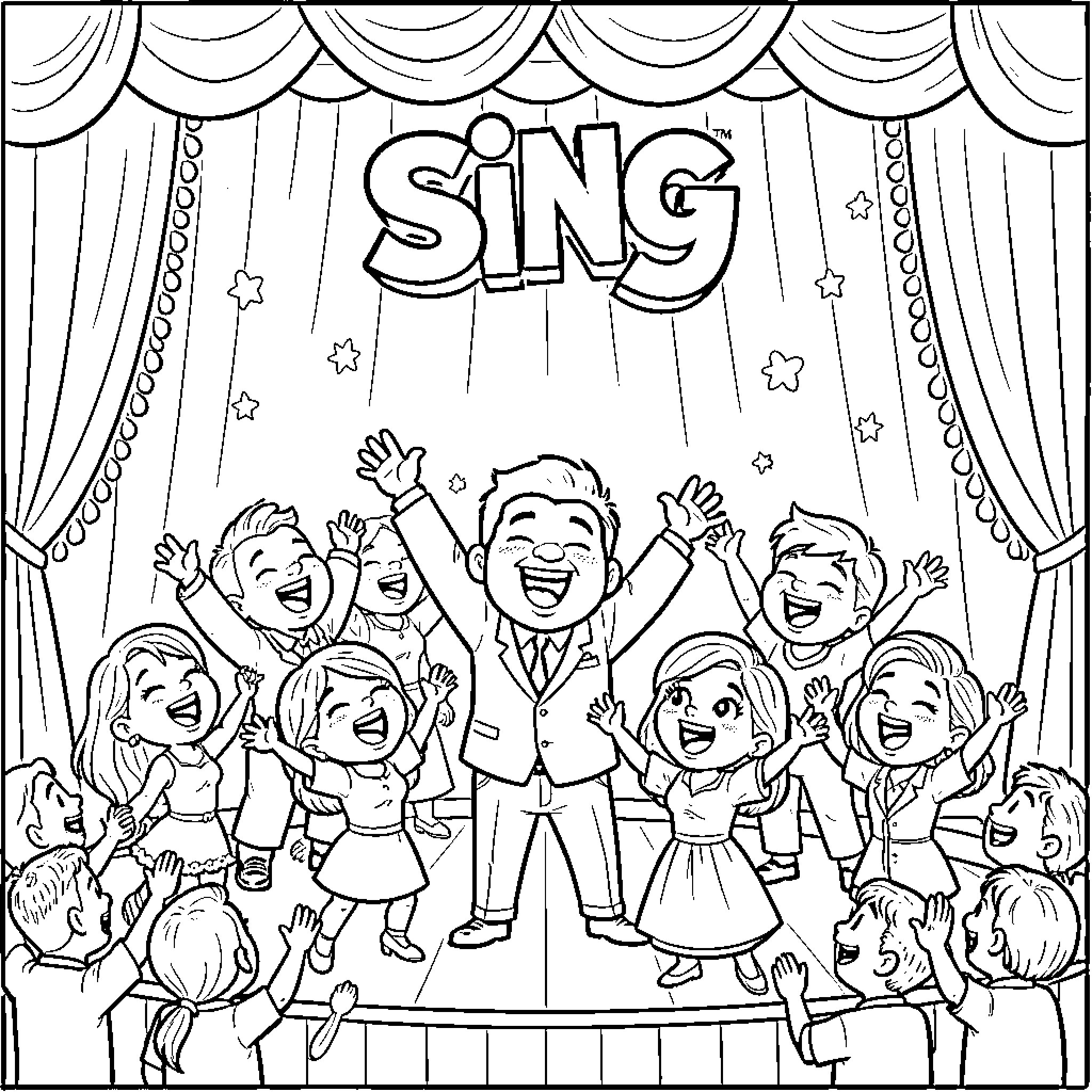 Character singing on stage with enthusiastic crowd Coloring Page (free black-and-white line drawing printable PDF for all, from beginners to advanced learners, including children, teens, adults, and seniors)
