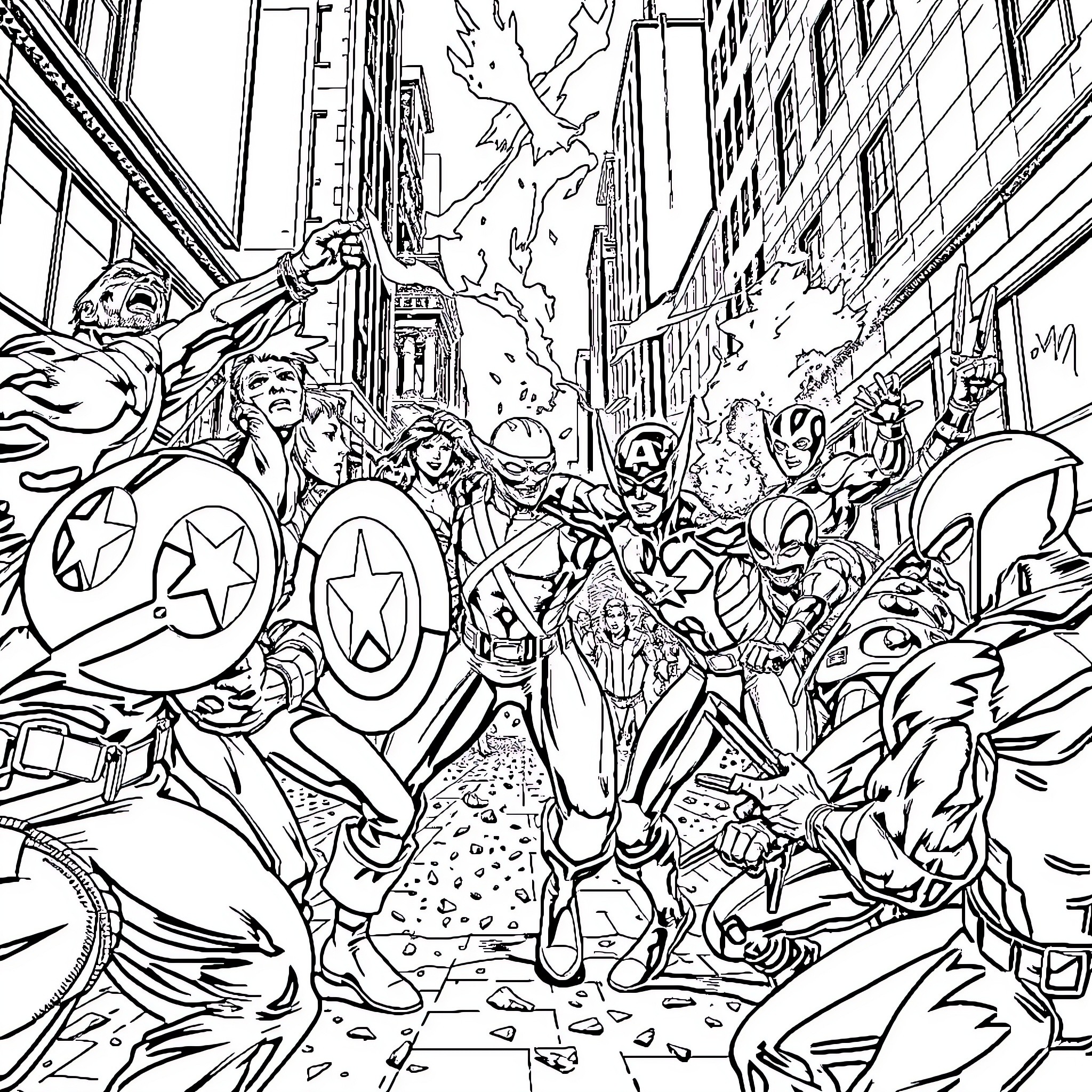 Avengers Battle in the City Streets Coloring Page (free black-and-white line drawing printable PDF for all, from beginners to advanced learners, including children, teens, adults, and seniors)