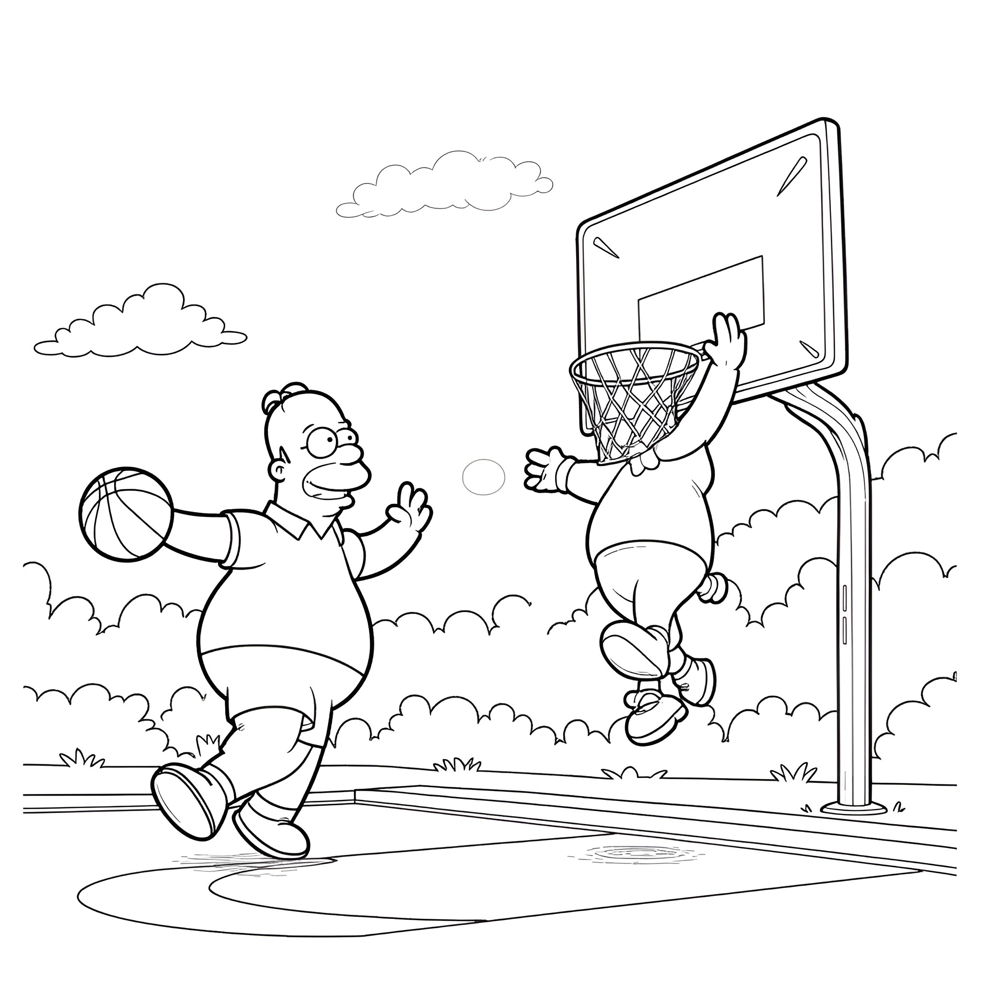 Peter Griffin playing basketball with cartoon character Coloring Page (free black-and-white line drawing printable PDF for all, from beginners to advanced learners, including children, teens, adults, and seniors)
