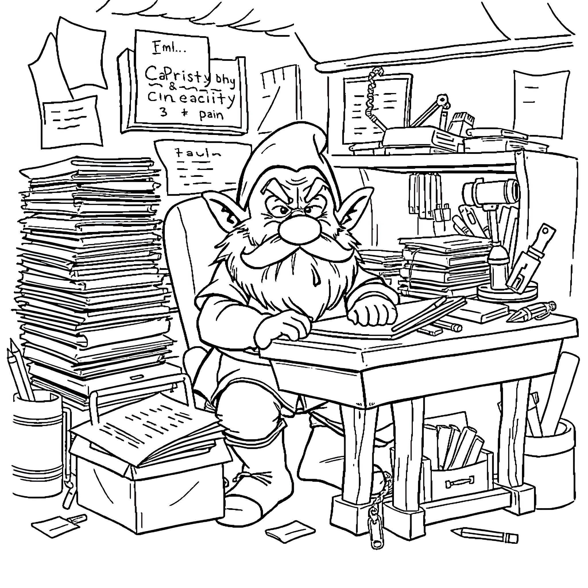 Dwarf Grumpy Office Worker Surrounded by Clutter Coloring Page (free black-and-white line drawing printable PDF for all, from beginners to advanced learners, including children, teens, adults, and seniors)